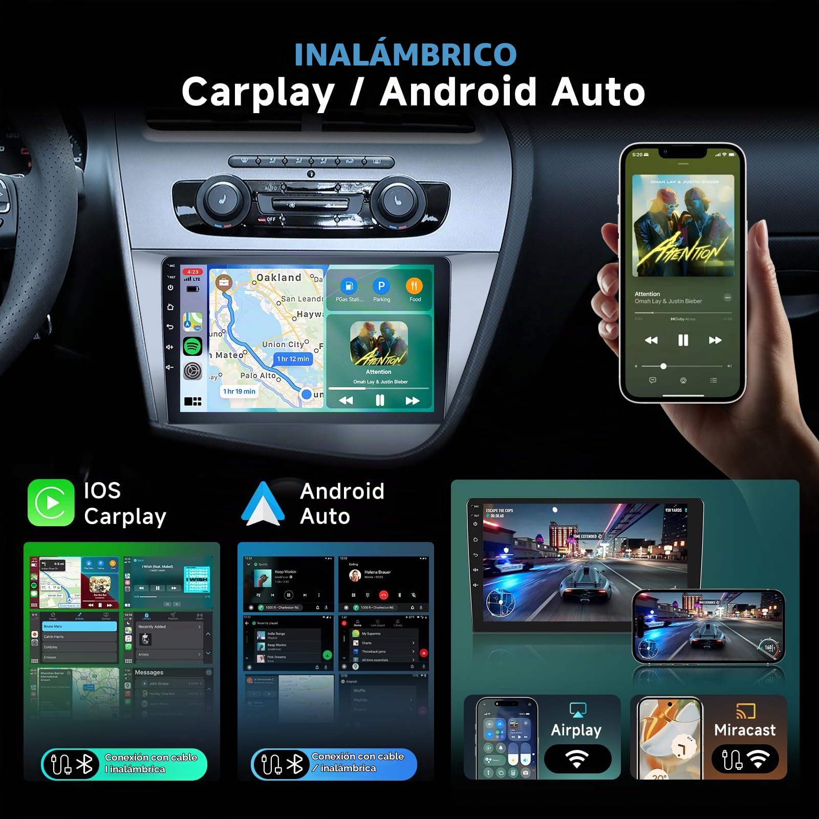 Hodozzy 2G+64G Radio para Seat Leon 2005-2012 con Carplay Android Auto Inalámbrico, Reproductor 2 DIN 9 Pulgadas Pantalla Táctil Radio Coche con GPS Bluetooth WiFi FM/RDS Cámara para Seat Leon 2 MK2