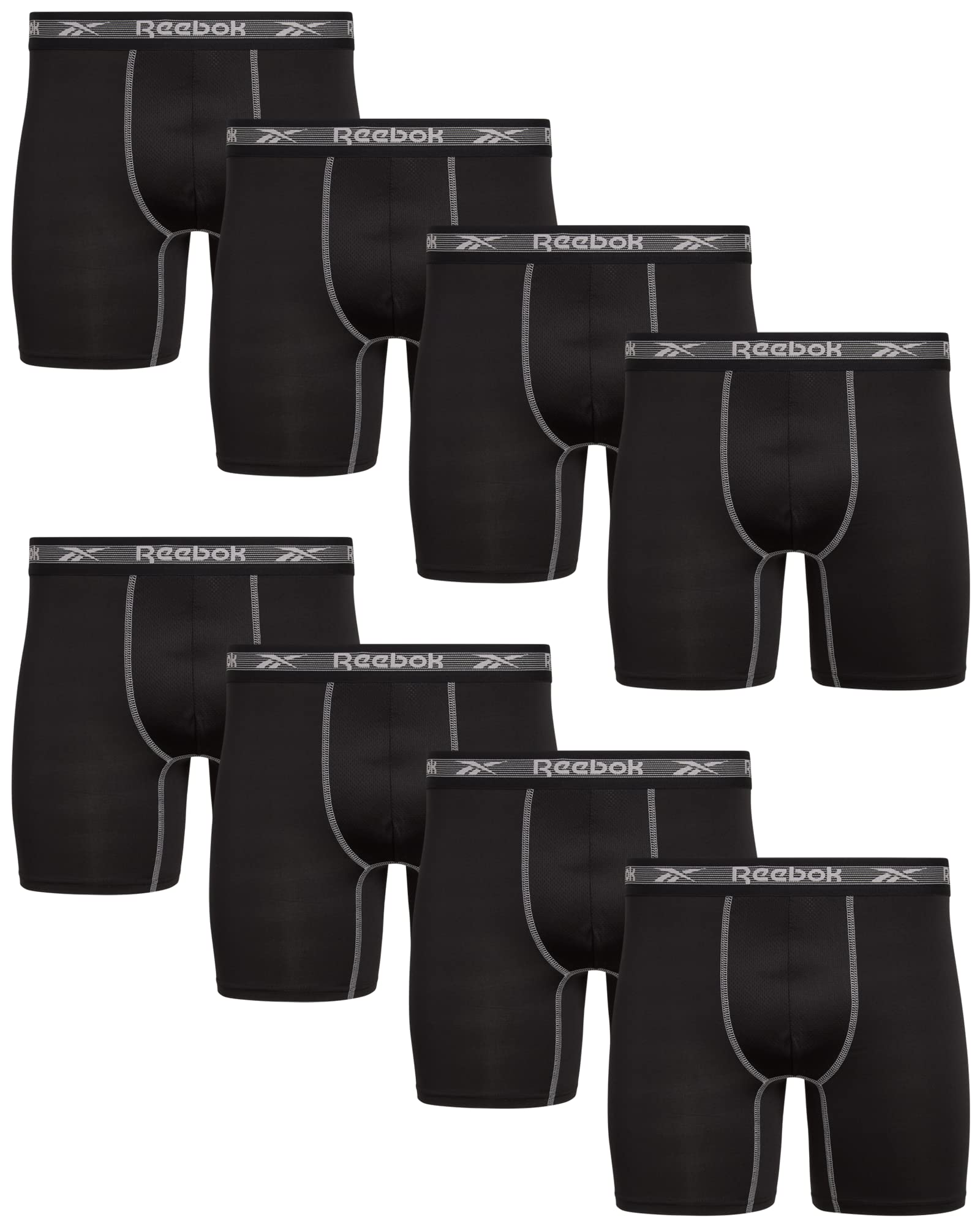 Reebok Mens Boxer Briefs - 8 Pack Stretch Performance Moisture Wicking Mens Underwear Boxers with Contour Pouch Sizes