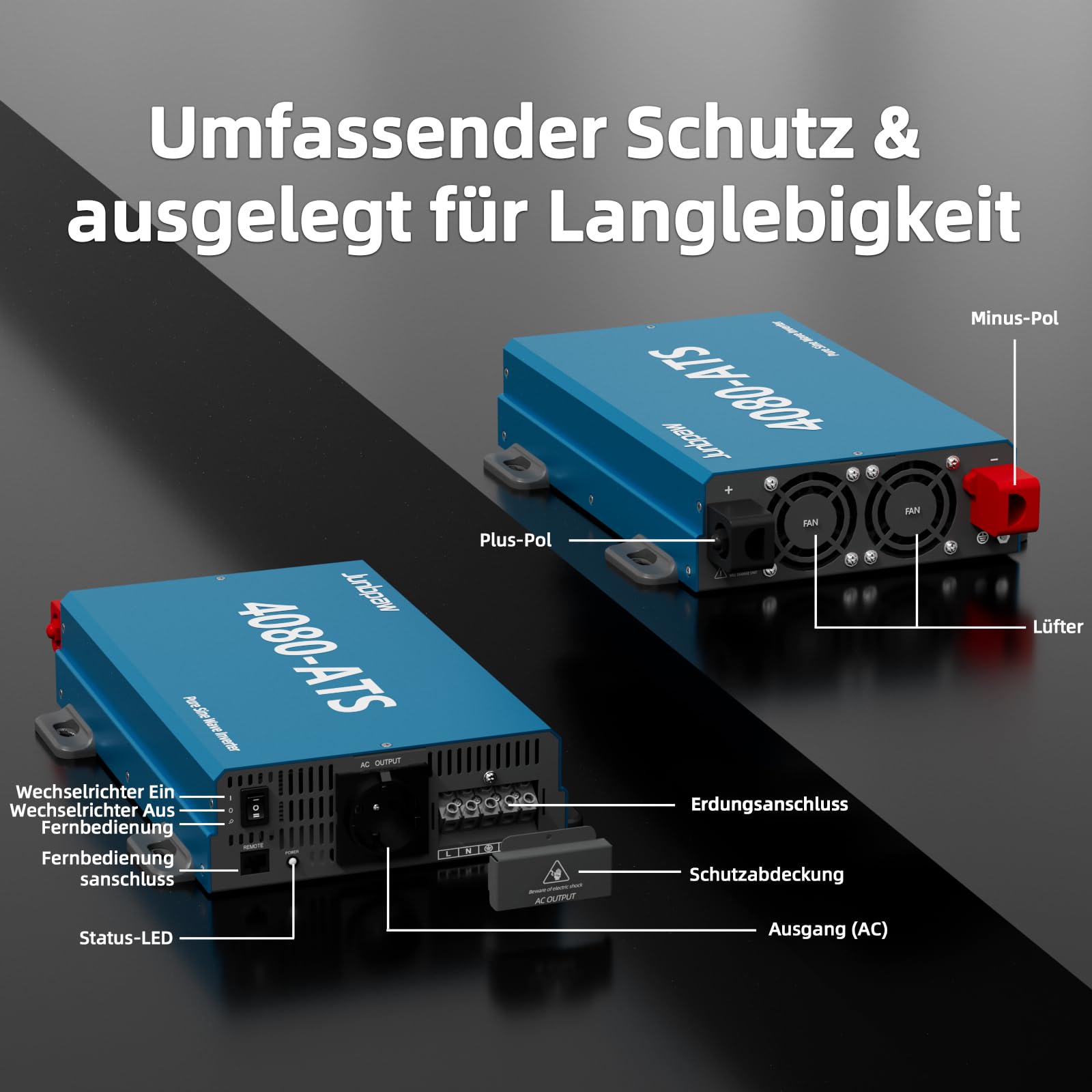 4080VA / 7000W Spitzenleistung Reiner-Sinus-Wechselrichter 12V auf 230V AC | Integrierter ATS & Vorladung | Geringe Eigenaufnahme 10W | für Heimnetzersatz, Wohnmobil, netzunabhängige Systeme