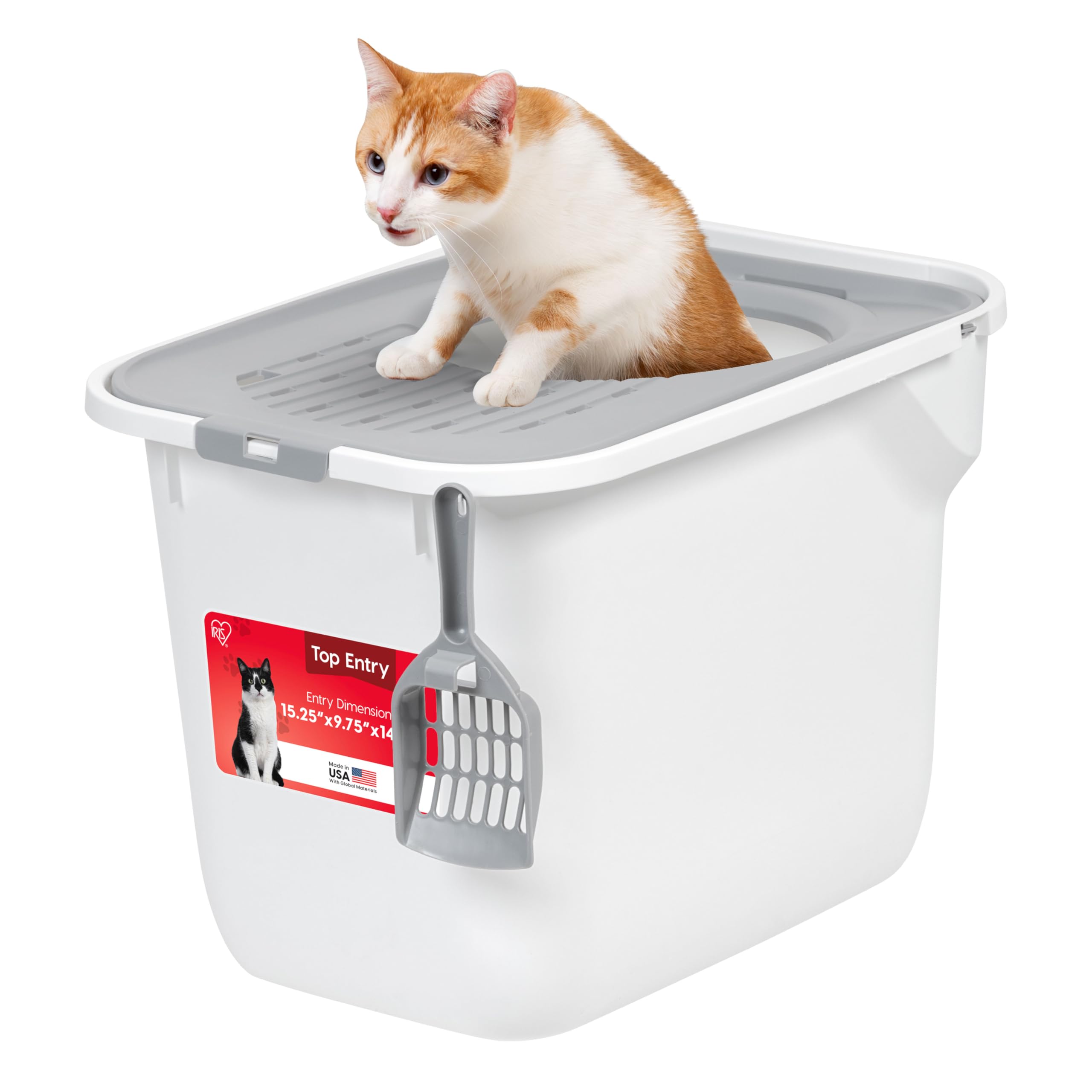 IRIS USA Large Cat Litter Box Top Entry with Lid, Enclosed Litter Box with Litter Catching Lid & Scoop, Covered Cat Litter Box Enclosure for Privacy, High Sided, White/Gray