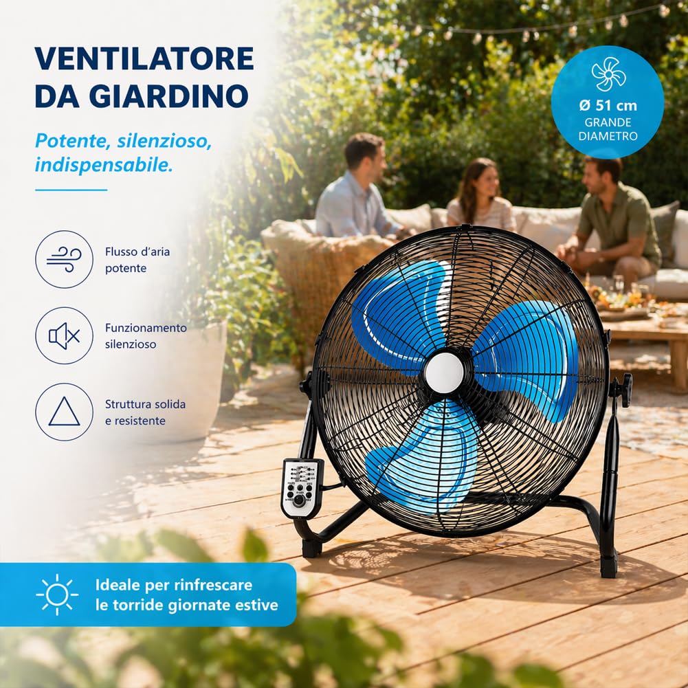 BAKAJI Ventilatore da Terra con Pale da 51 cm e Telecomando per Controllo a Distanza, Meccanismo Silenzioso e Inclinazione Regolabile, Struttura Resistente in Ferro, Ideale per Esterno e Interno