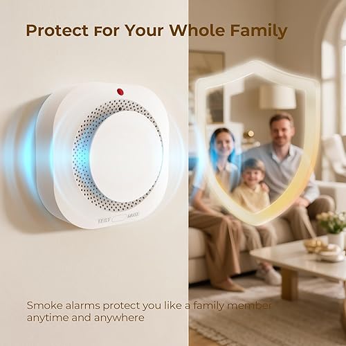 Miniatura 2 de Detector de humo, alarmas de incendio alimentadas por batería para el hogar, sensor de 10 años de vida fotoeléctrica alarma de humo con botón de