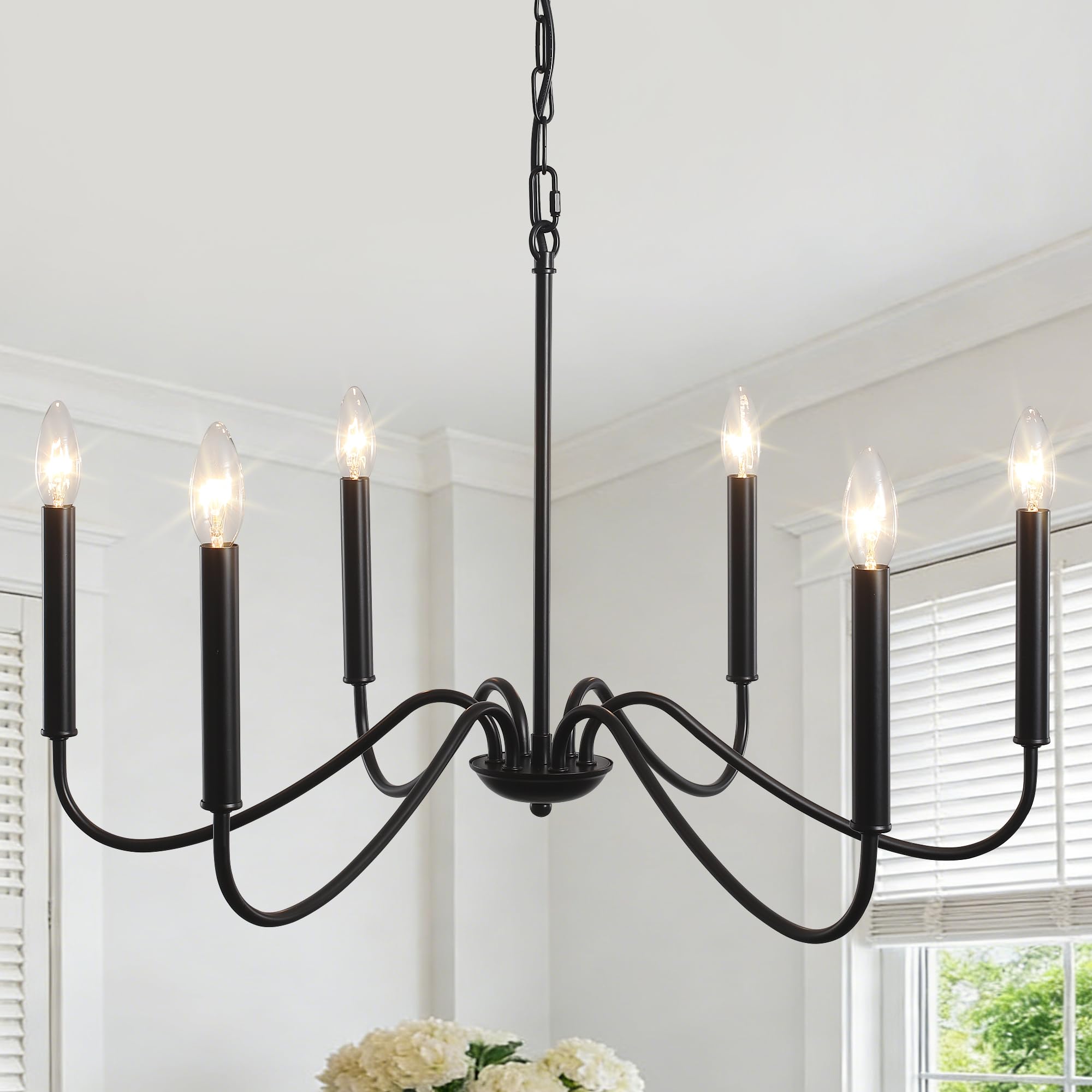 Black Chandelier- Modern Farmhouse Chandelier Dining Room Light Fixture 6 Light E12 Candle Pendant Hanging Light for Living Room, Bedroom, Foyer, Kitchen Island, Entrance
