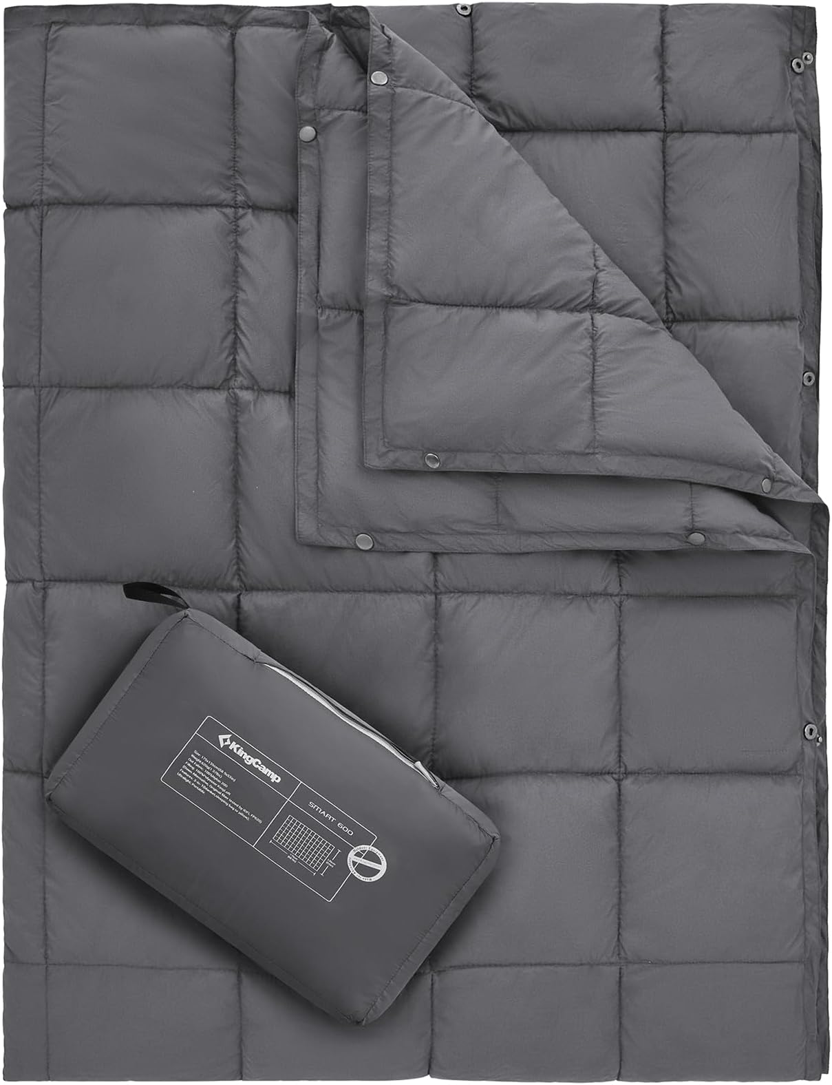 KingCamp Ultralight Camping Blanket, Packable Down Alternative Puffy Wearable Blankets Weatherproof Warm Package Quilt with Snap Buttons for Outdoor Hiking Travel Picnic Stadium (69" x 53", Charcoal)