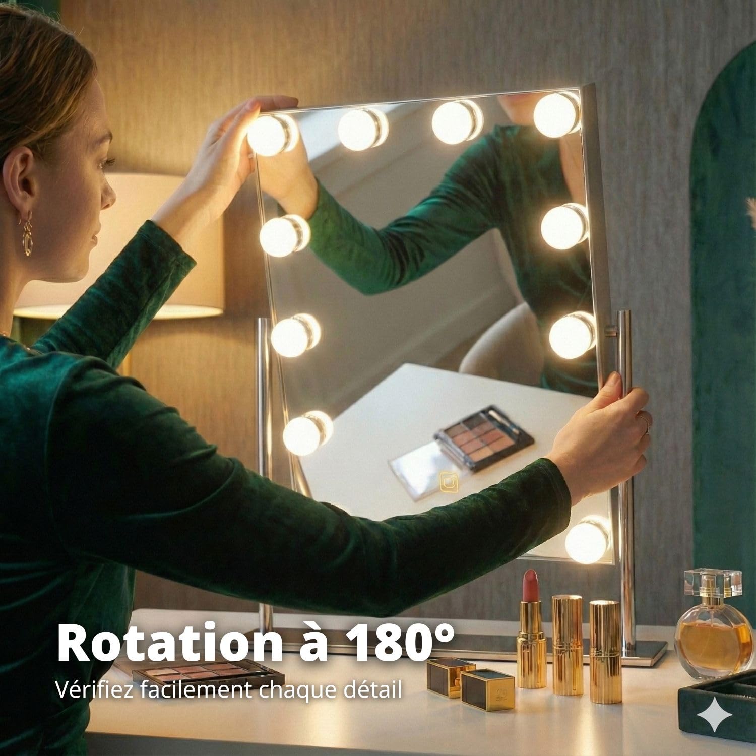 FLINQ Hollywood Miroir avec éclairage - Miroir de Table Rotatif à 360° pour Coiffeuse - Miroir cosmétique avec 3 Modes d'éclairage - 12 LED à intensité Variable - Miroir de Maquillage 38 x 46,2 cm