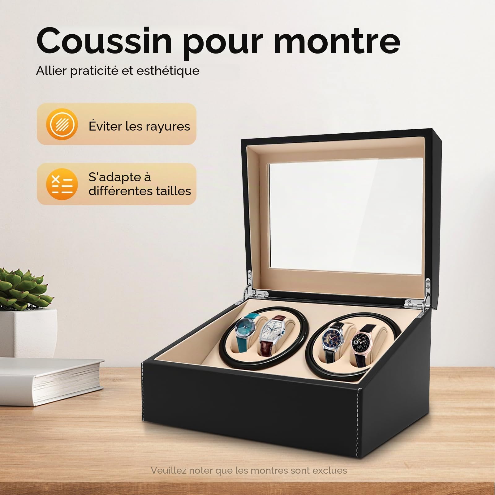 Boîte Automatique avec 4 Montres + 6 en Cuir PU pour Magasin et Maisons, Noir, De Luss