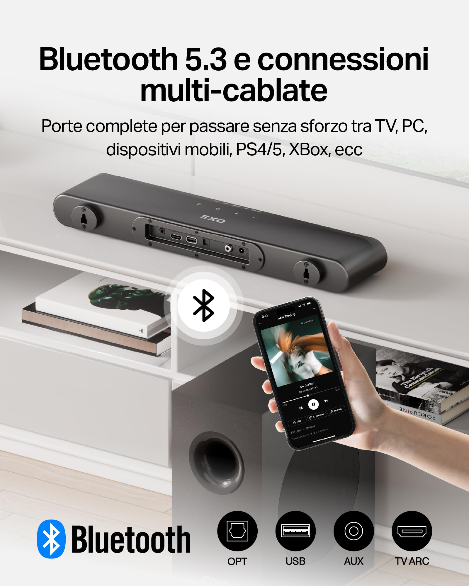OXS S21 Soundbar, 2.1 Canali con Subwoofer, Suono Preciso con Basso Profondo, 180 W, 3 Modalità EQ, Ultra Compatto, per Home Theater/Musica/Gioco, Compatible con TV, PC, XBOX, PS4/5, Telefono