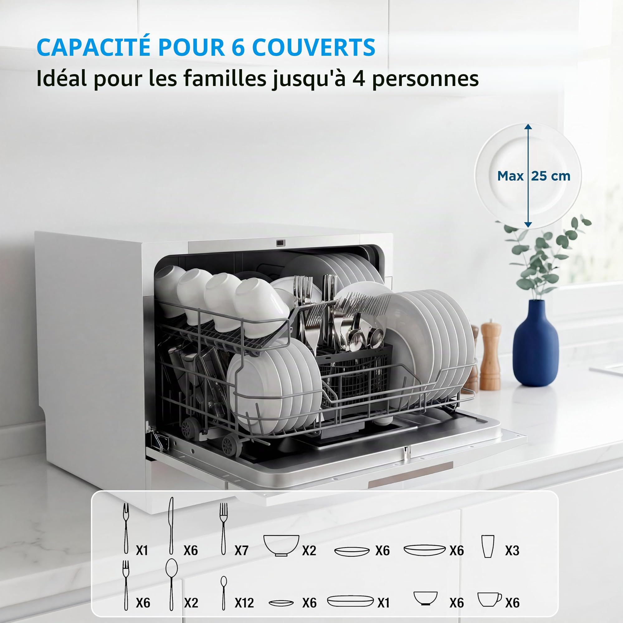 Midea Petit Lave-Vaisselle Blanc 55cm 6 Personnes Compact et Portable Sans Installation Lave-Vaisselle avec App Control 6 Programmes Filtre Antibactérien 49dB Nouveau Modèle
