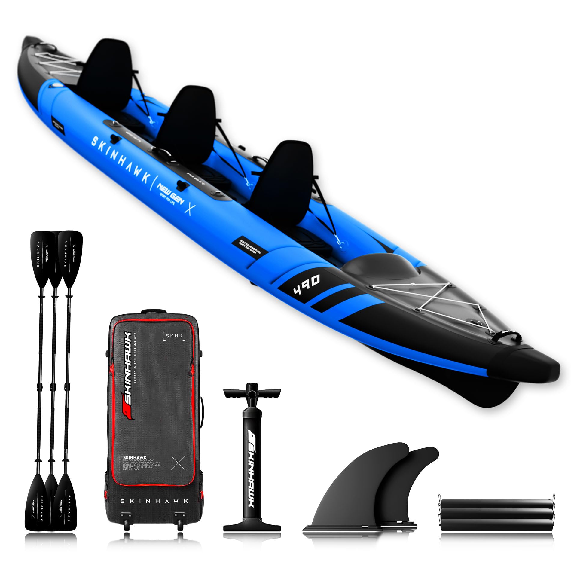 SKINHAWK Prestige Blue Kayak Set 490 – Barco inflable – Canoa – 490 x 96 cm – Kayak para 3 personas