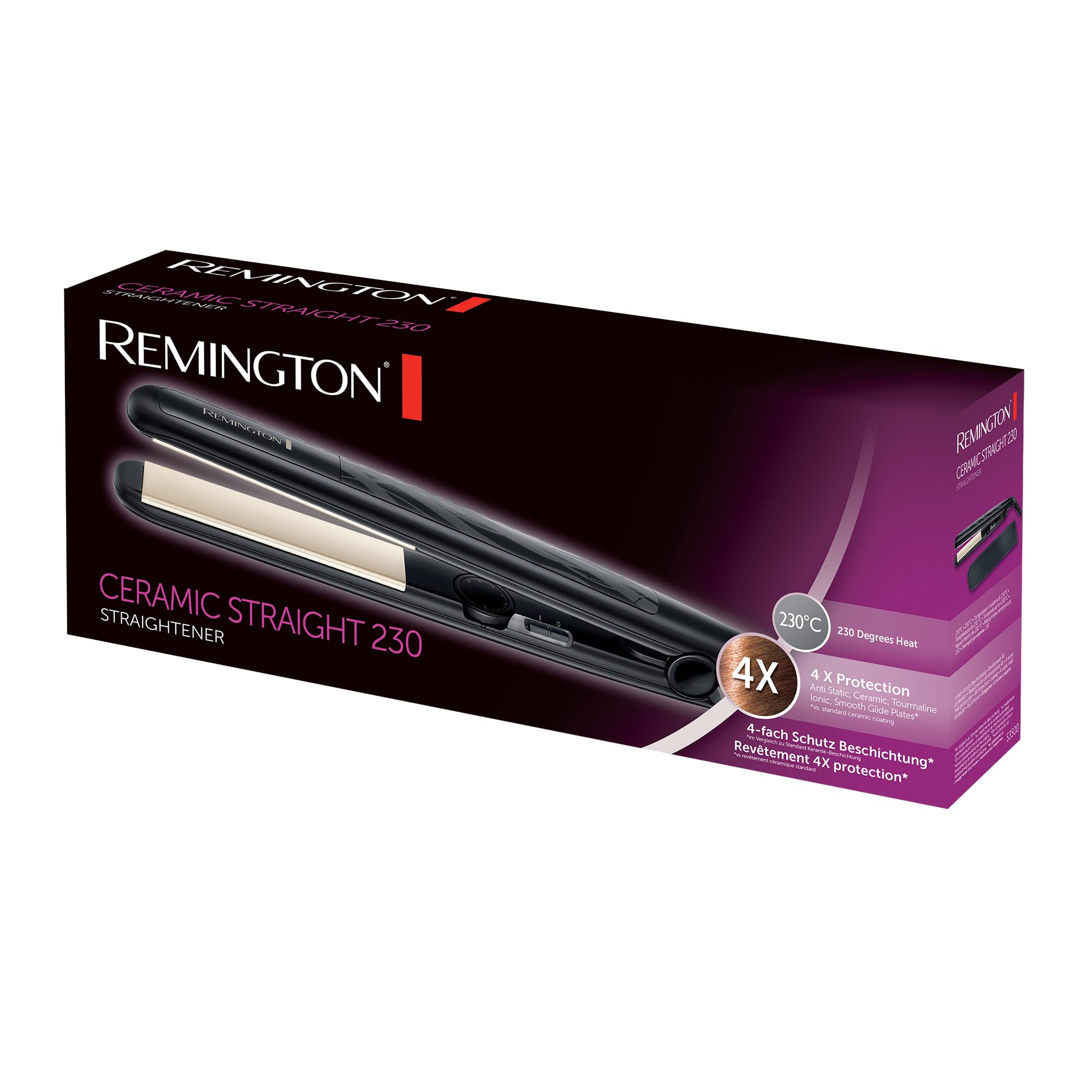 Remington Piastra per capelli Ceramic Straight - 4 Protezioni - Rivestimento antistatico in tormalina ceramica, Distribuzione uniforme del calore, Carica statica inferiore e Lucentezza setosa, S3500