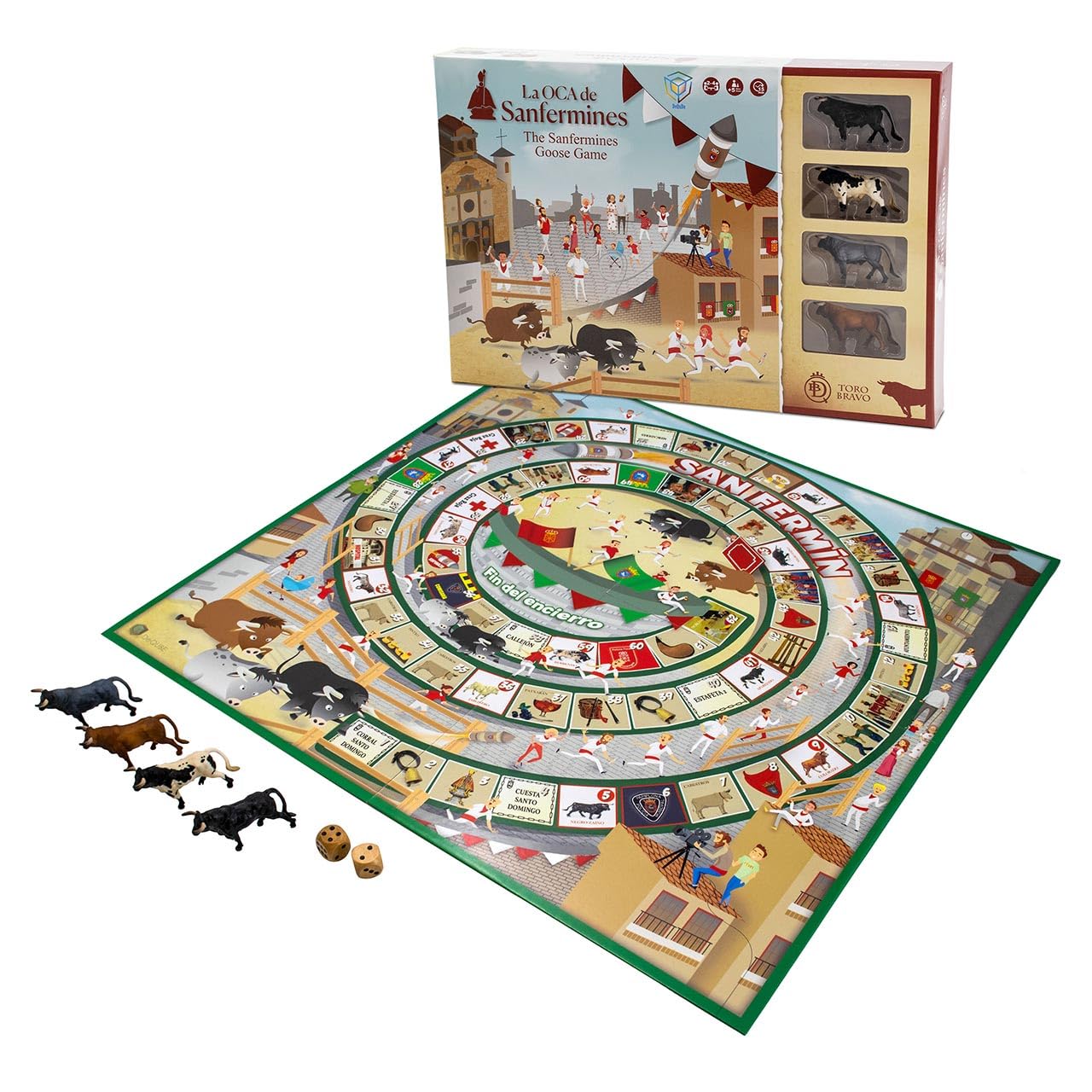 DeQube 924D00180 Jeu de l'oie de San Fermin – Comprend 4 Mini taureaux de Collecte et dés en Bois – Dimensions Plateau 50 x 50 cm