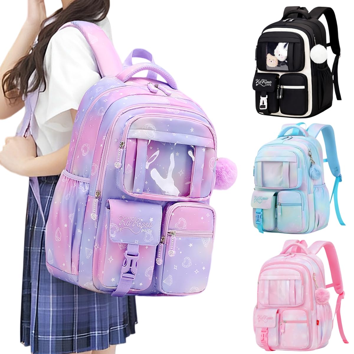 [VNGOLERRY] リュック 女子 小学生 通学リュック 女の子 大容量 リュックサック スクールバッグ バックパック A4対応 軽量 通気性 かわいい おしゃれ 防水 学校 遠足 旅行 おしゃれ かわいい 黒 ピンク (ブルー)