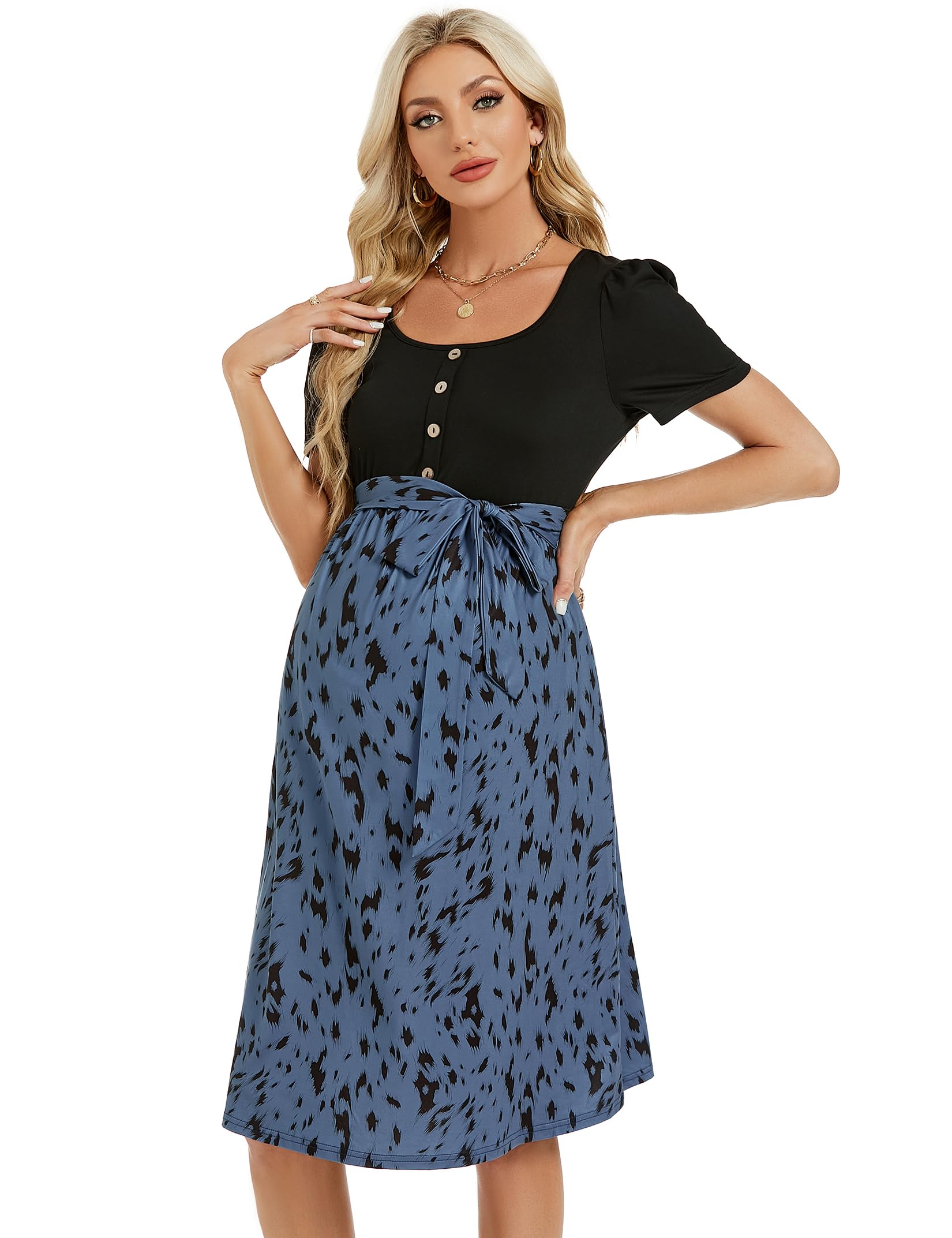 YesFashion Robe de grossesse d'été pour femme - Manches courtes - Taille haute - Col carré - Robe de grossesse décontractée avec ceinture (emballage réutilisable)