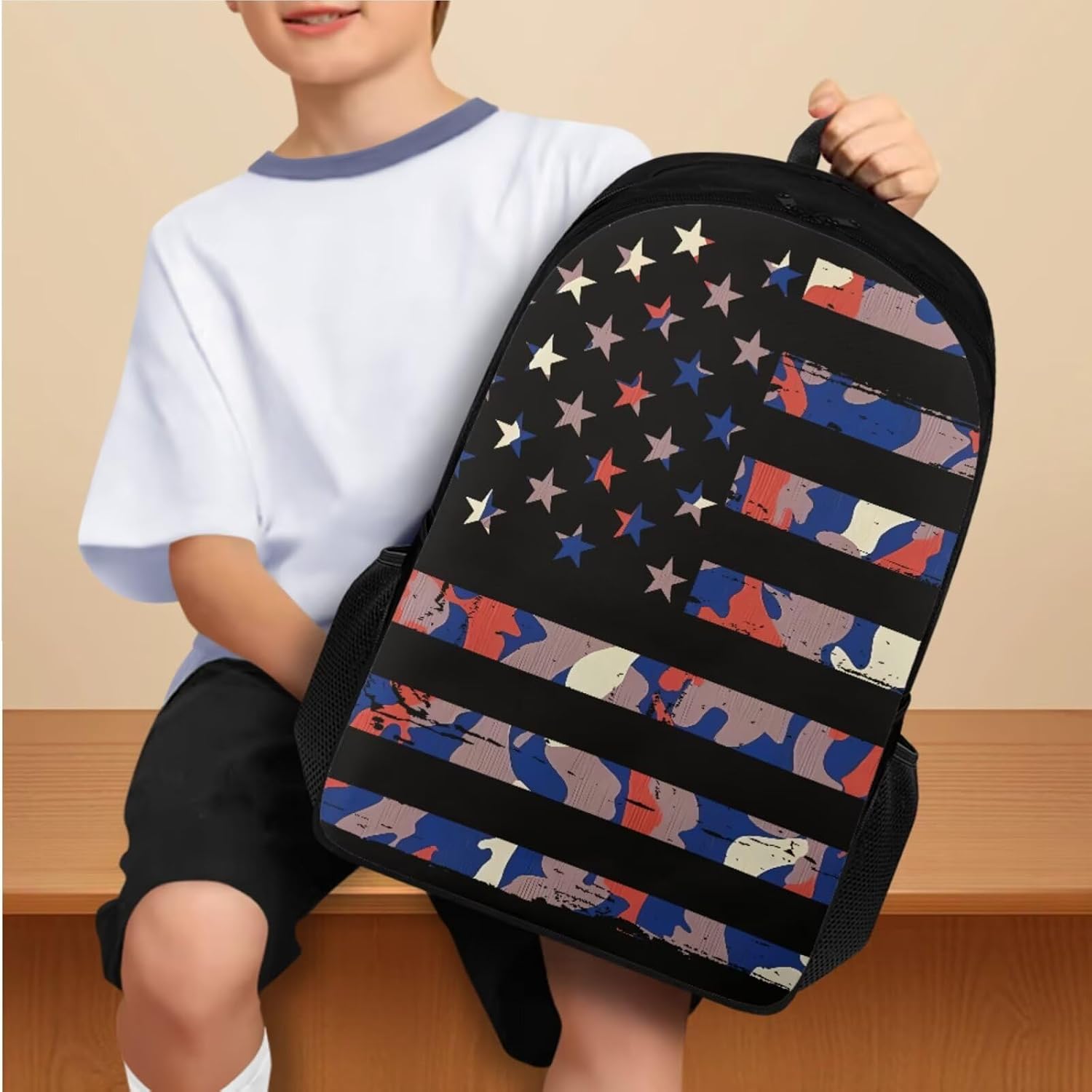 American Flag Camo Backpack for Boys Kids Backpack with Lunch Box Water Bottle Bag and Soft Pencil Pouch 4 PCS 17" Large Bookbag with Compartments for School Lightweight Elementary School Bag