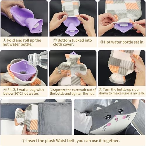 Miniatura 4 de Bolsa de agua caliente, botella de agua caliente con tapa, 1 litro de goma para botellas de agua caliente caliente con cubierta de cintura suave de
