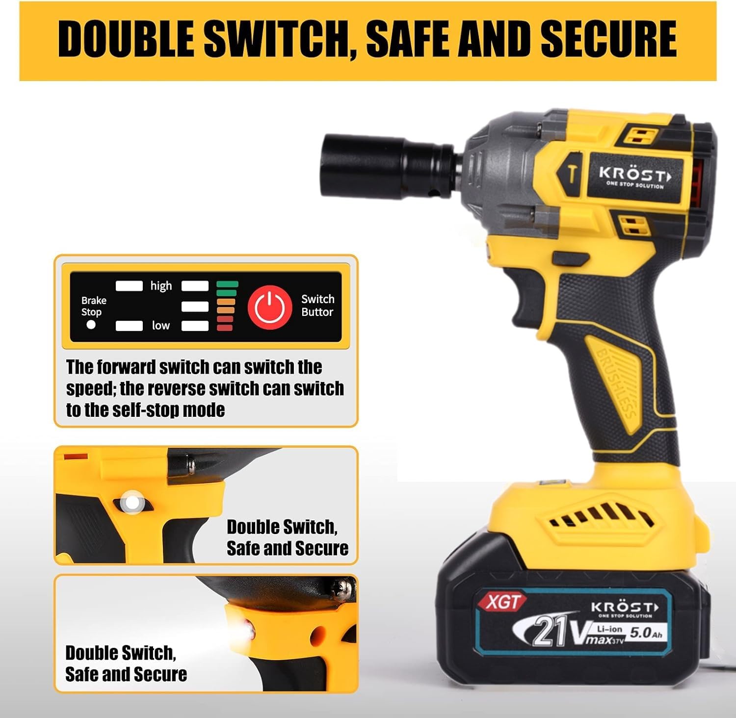 KROST Pro Series 500NM XR Torque Cordless Brushless Impact Wrench, Super Compact,Auto Stop Function, Forward/Reverse Rotation (Double Batteries) 4