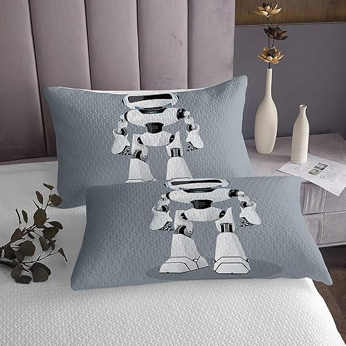 Miniatura 2 de Homewish Robot Coverlet Set 2pcs for Kids Boys Teens White Robot Pattern Print Quilted Coverlet Modern Fashion Bedspread Microfiber Bedding Set (1