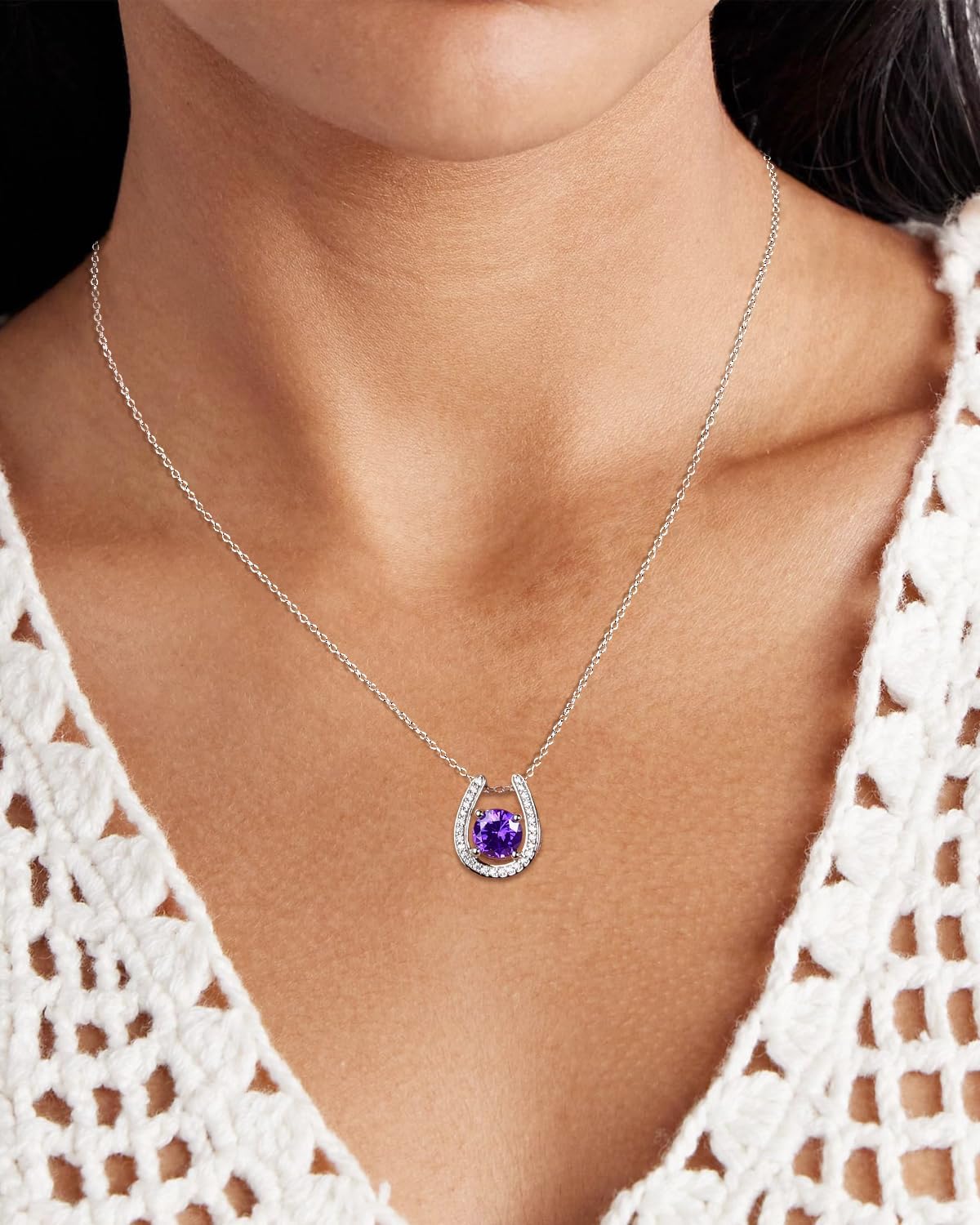 Sterling Silver Birthstone Horseshoe Necklace for Women Good Luck Pendant Necklace Jewelry for Birthday Wedding(with Gift Box) - Image 5