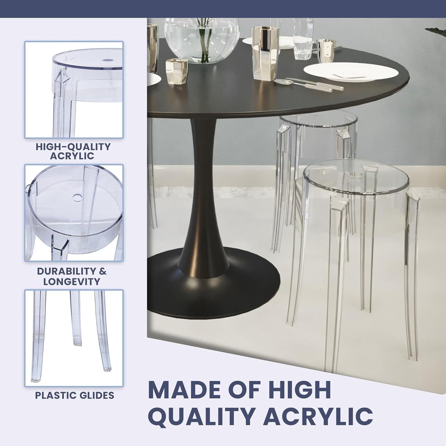 LeisureMod Mid-Century Modern Clear Plastic Dining Stool, Sturdy Seat & Legs for Kitchen & Dining Room, Single
