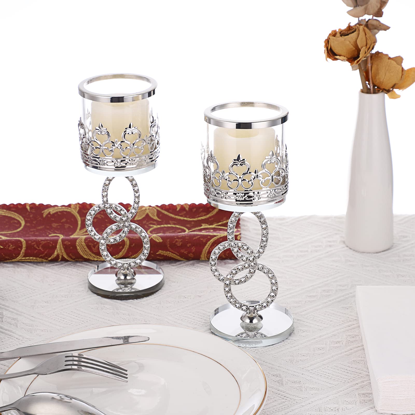 Kristallglas Teelicht Votivkerzenhalter 2er Set Dekorative Klarglas Aromatherapie Kerzenhalter für Hochzeit Geburtstag Weihnachten Halloween Party 18cm Silber