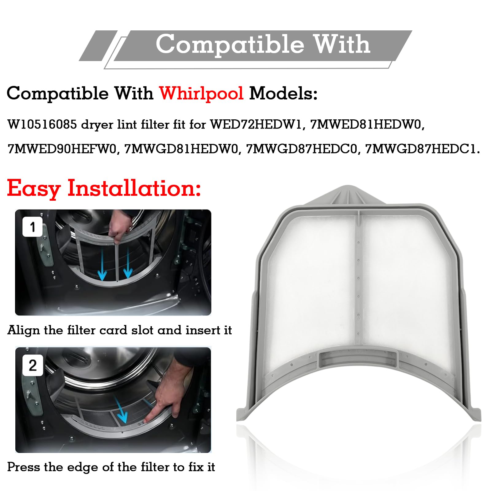 W10516085 - Filtro de pelusa para secadora Whirlpool, sustituye a W10211906 W10370972 PS11755878 WPW10516085 3188345 AP6022545 EAP11755878