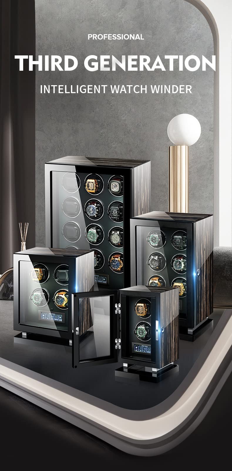 Caricatori Automatici per Orologi da Polso con Display LCD e Telecomando, Custodia per Orologi con Illuminazione a LED e Motore Mabuchi Silenzioso, impostazioni di rotazi，2+0