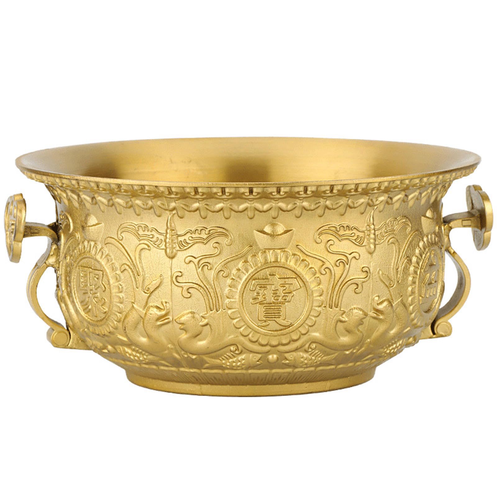 Chinese Style Treasure Basin Ornament Feng Shui Golden Treasure Bowl Brass Fortune Bowl Desktop Decorative Figurine for Good Luck Fortune Attract Wealth,20cm