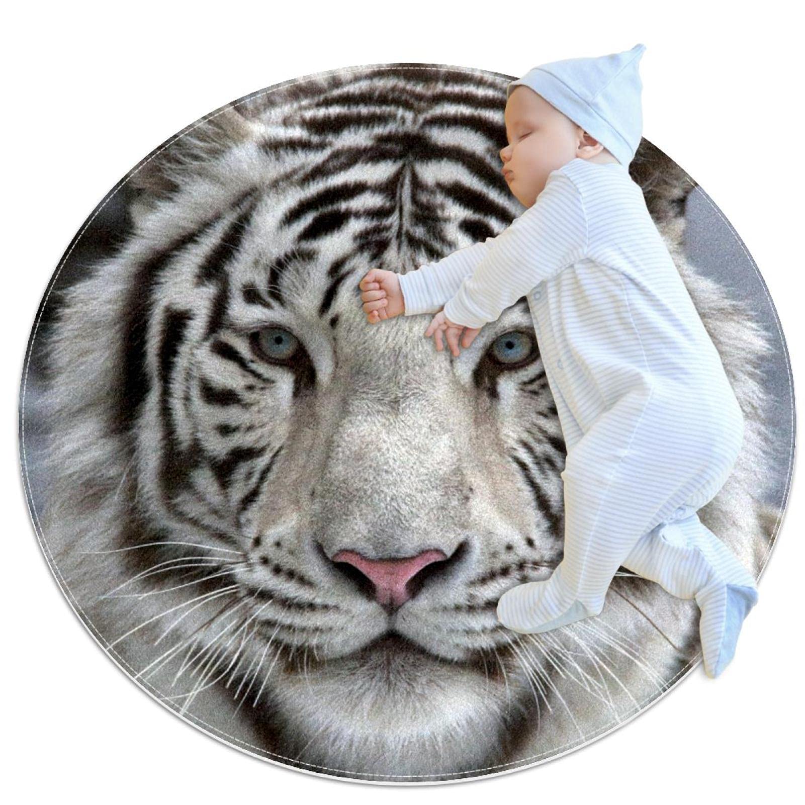 Tapis rond 31.5x31.5IN tigre blanc antidérapant pour sol lisse