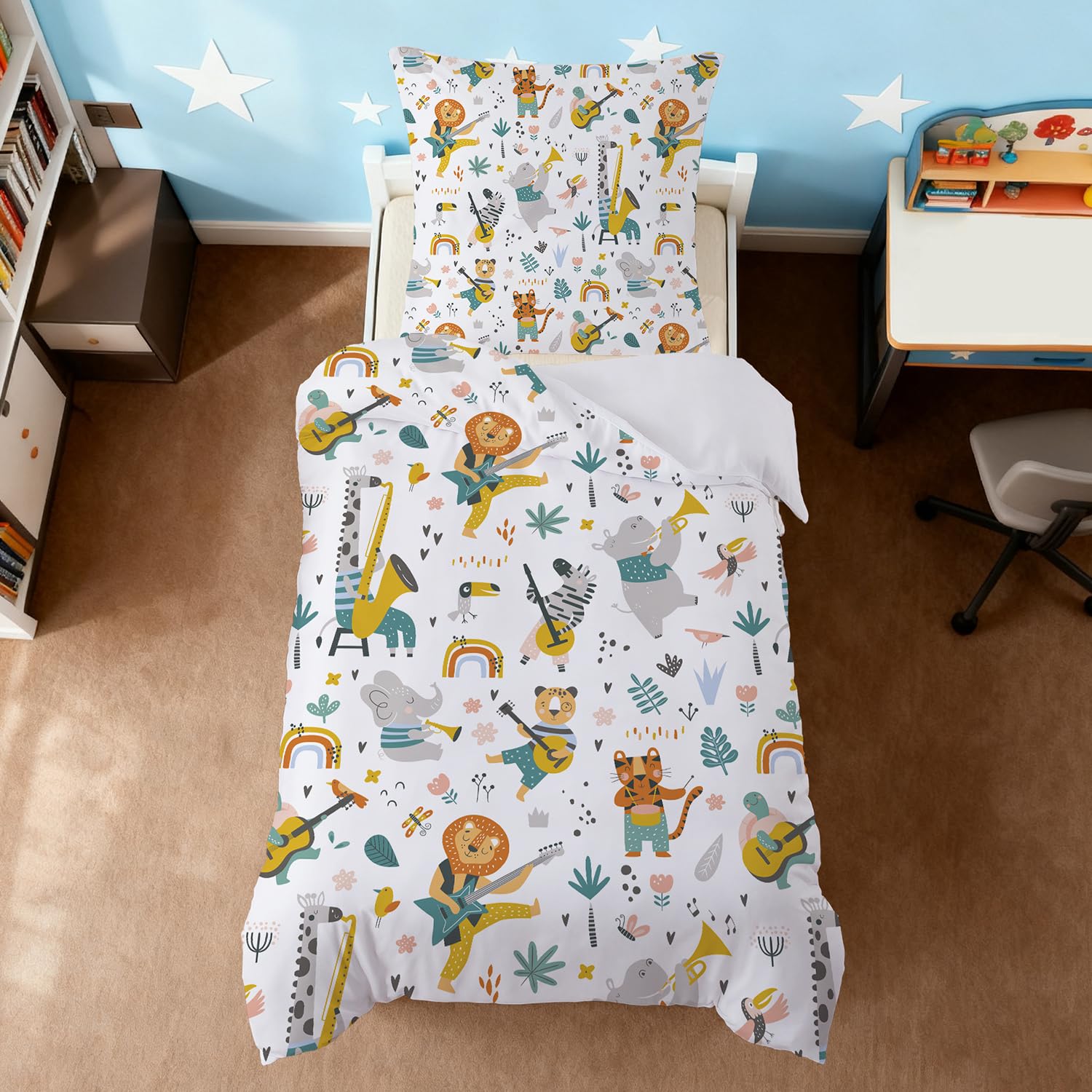 Housse de couette lion 90x190 avec taie d'oreiller pour lit enfant