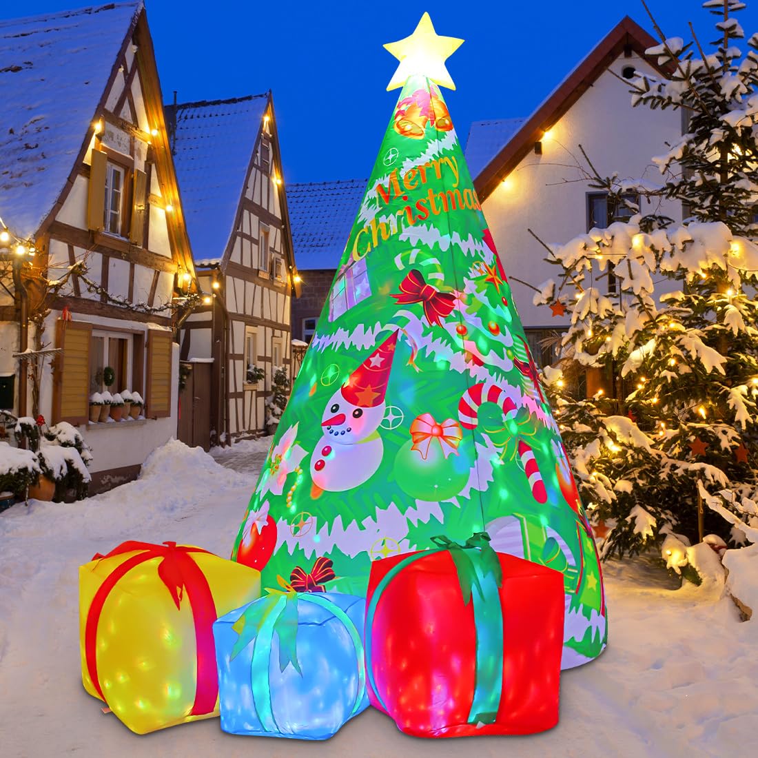 Comin Bonhomme de Neige Gonflable de Noël avec Une boîte, décoration de Cour Gonflable avec lumières LED intégrées pour Les Vacances, Les fêtes, Noël, la Cour, Le Jardin