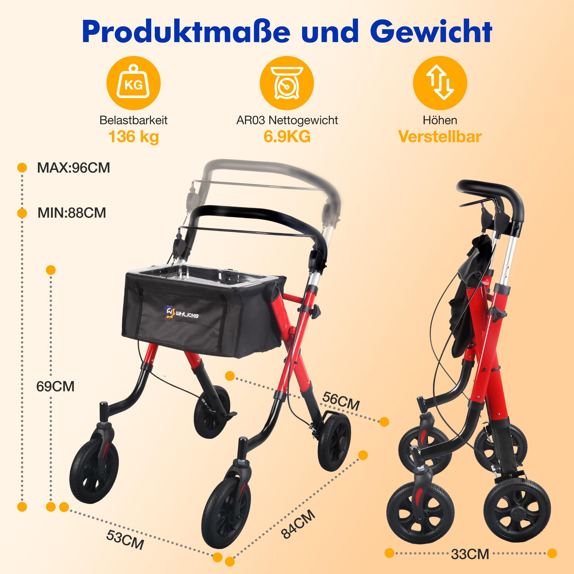 WHLICKS Rollator wąski do mieszkania, rollator wewnętrzny składany i lekki z tacą, pomoc w mobilności dla seniorów z aluminium, chodzik z koszem, zwrotny rollator mieszkaniowy