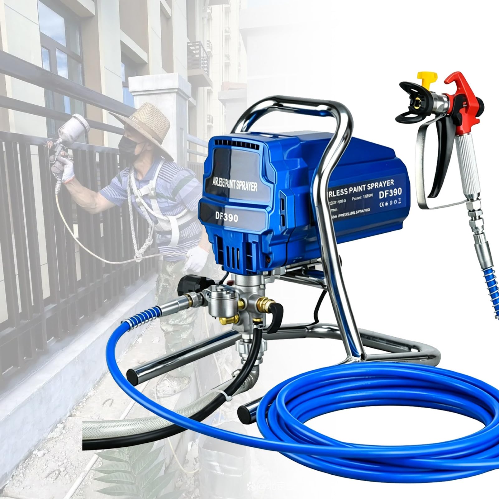 Agregat malarski bezpowietrzny na wózku – wysokowydajny elektryczny agregat 3000 PSI, przepływ 2 l/min, wąż 5 m, z przedłużką; umożliwia malowanie bez rozcieńczania, do wnętrz i elewacji.