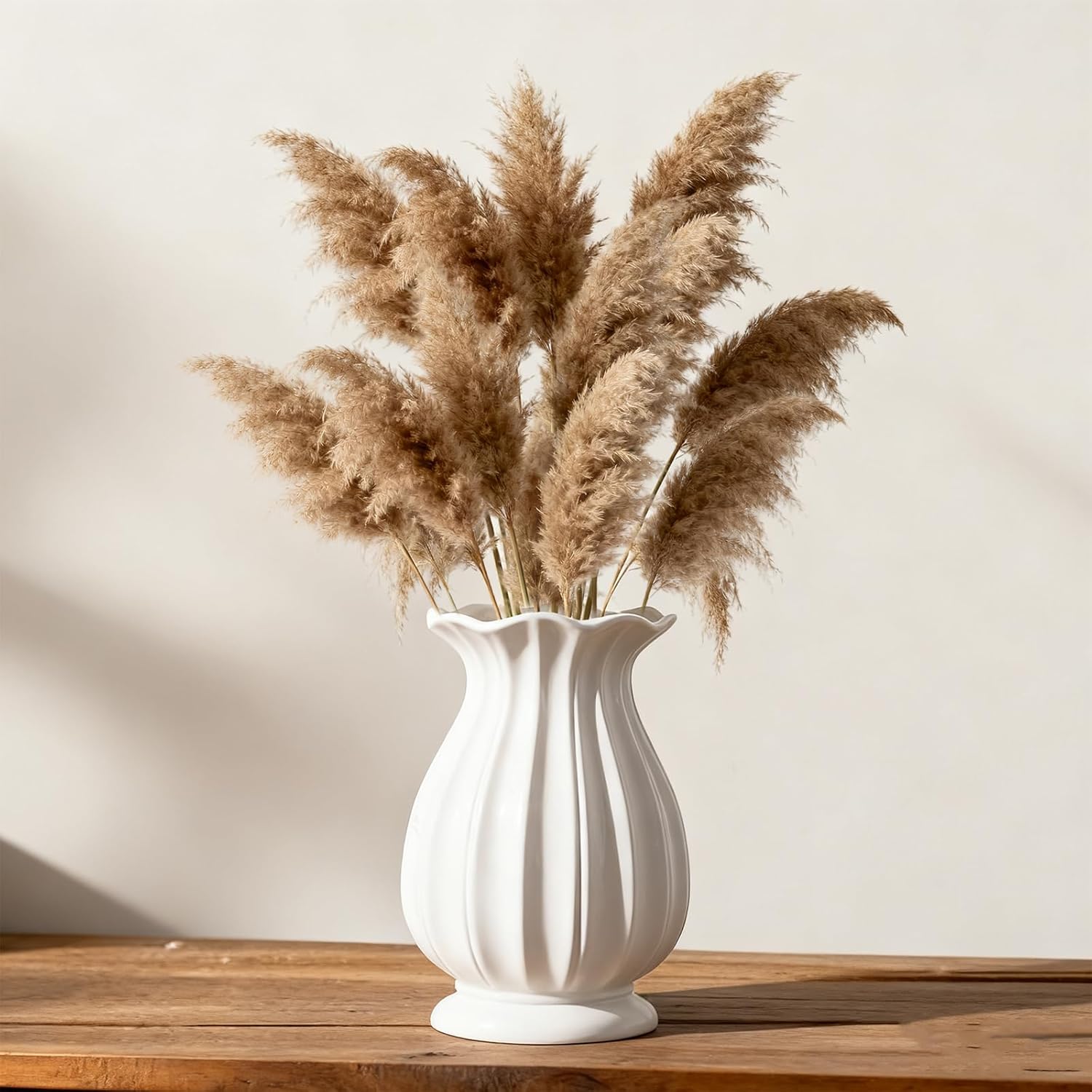White Ceramic Flower Vase, 7.4″ Minimalist White Flower Vase, Decorative Farmhouse Vase Decor for Living Room Kitchen Centerpieces Wedding