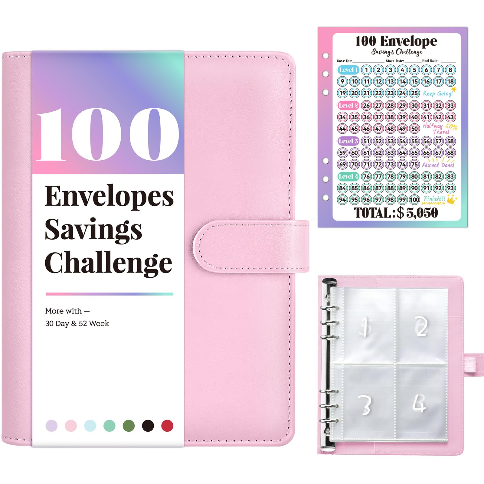 Sooez 100 Envelopes Money Saving Challenge, Savings Challenges Book with Envelopes, Flexible Saving $5050, $2600, $300, Savings Binder with 100 Pocket Pre-Number & Reusable Laminated Tracker