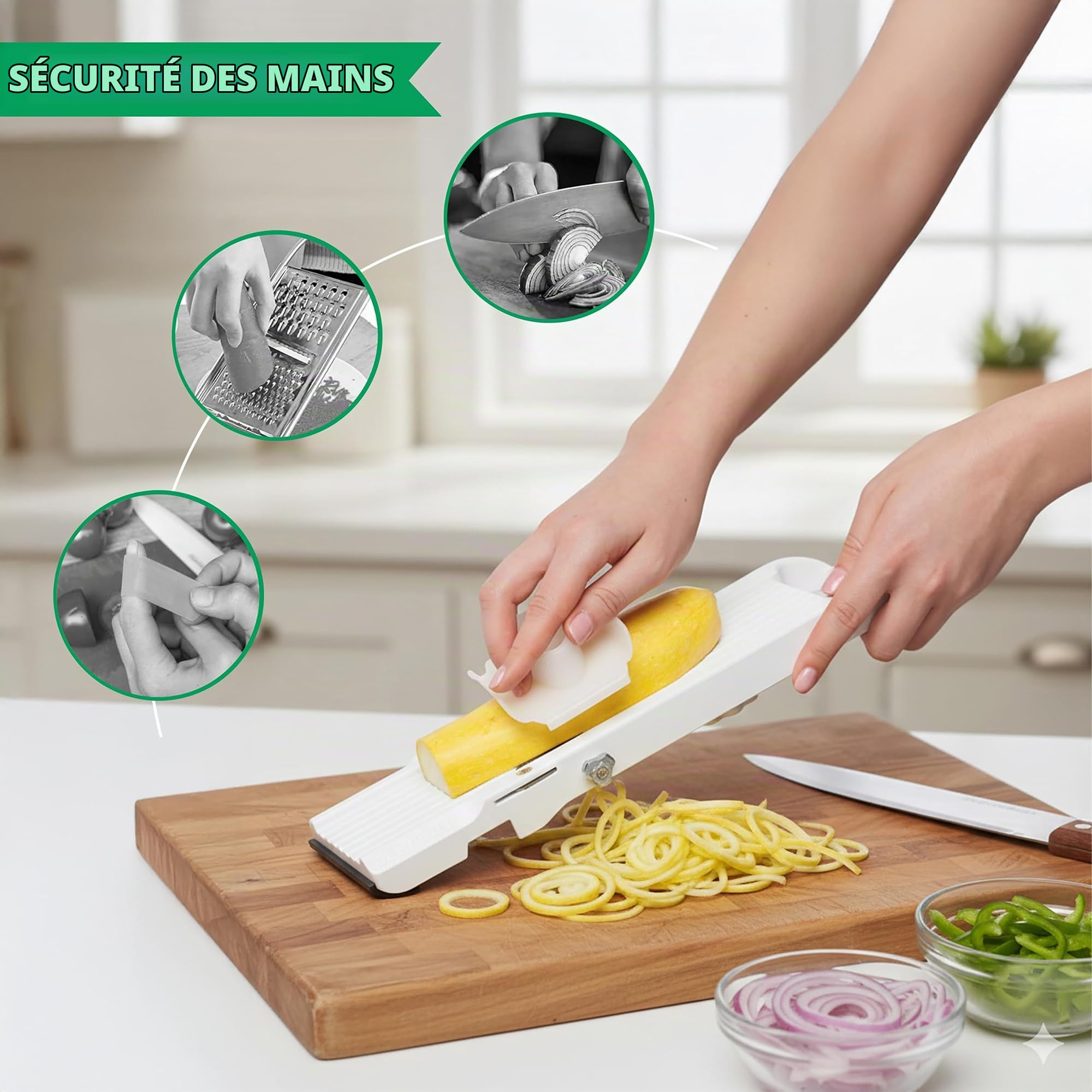 Benriner BN-64W-1 Mandoline, Blanc | 3 lames inox interchangeables pour trancher, râper et couper en julienne avec protection de sécurité