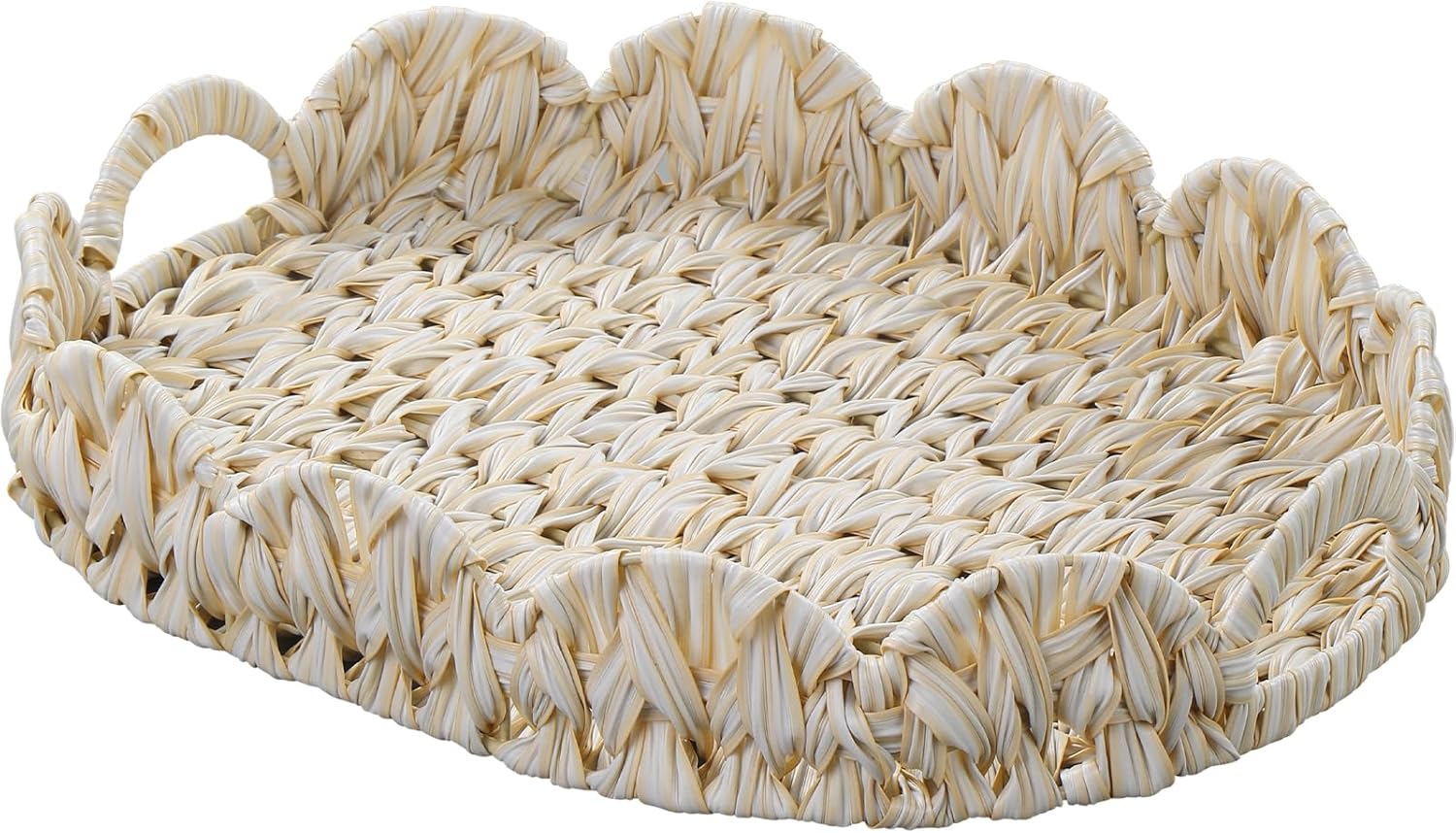 16.5 inch Round Wicker Tray, Boho Decorative Coffee Table Tray,Woven Serving Tray with Handles,Wicker Scallop Basket - Image 8