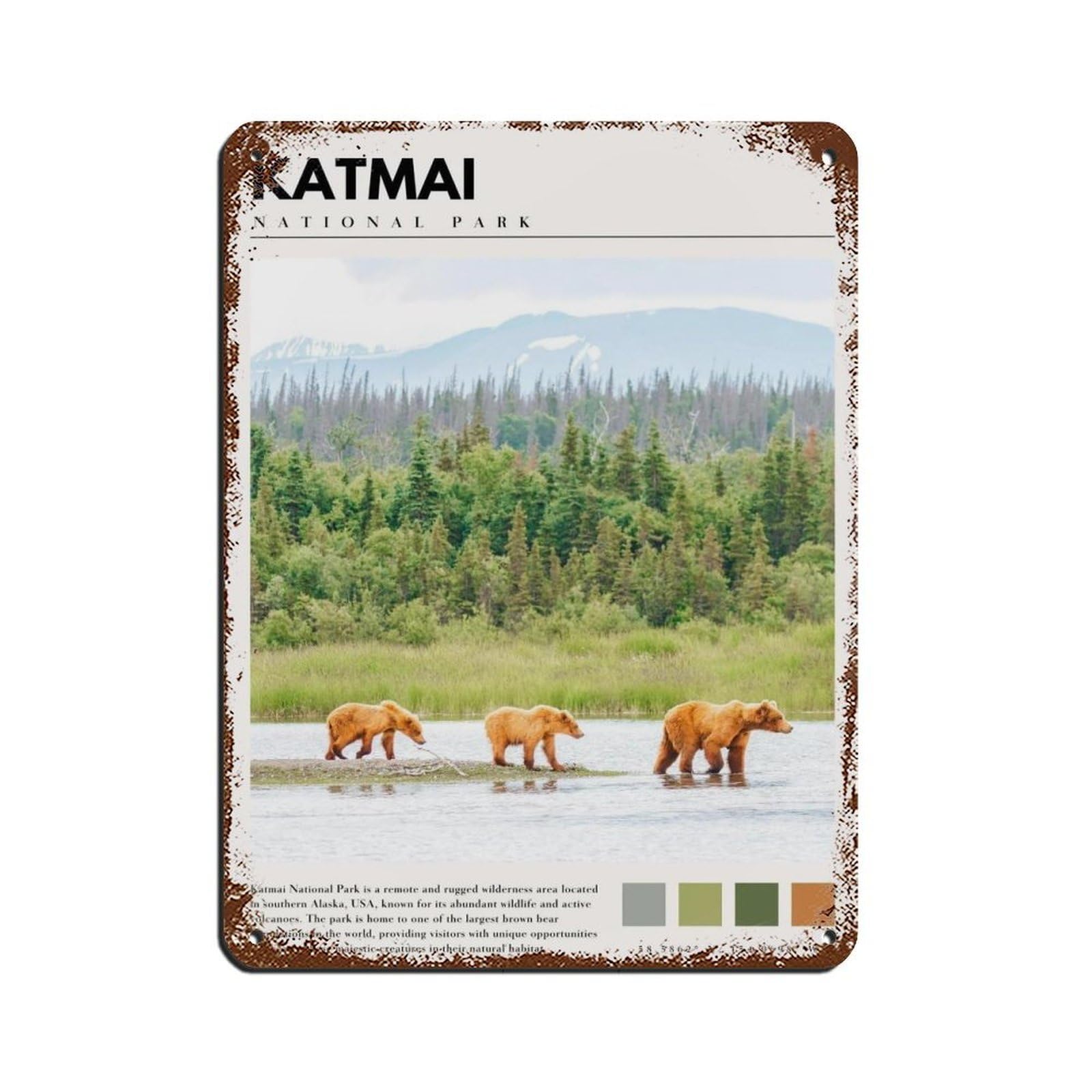 Katmai National Park Poster Katmai Alaska Bear Retro Poster Metal Tin Sign Chic Art Retro Iron Painting Bar People Cave Cafe Family Garage Poster Wall Decoration 12x16inch(30x40cm)