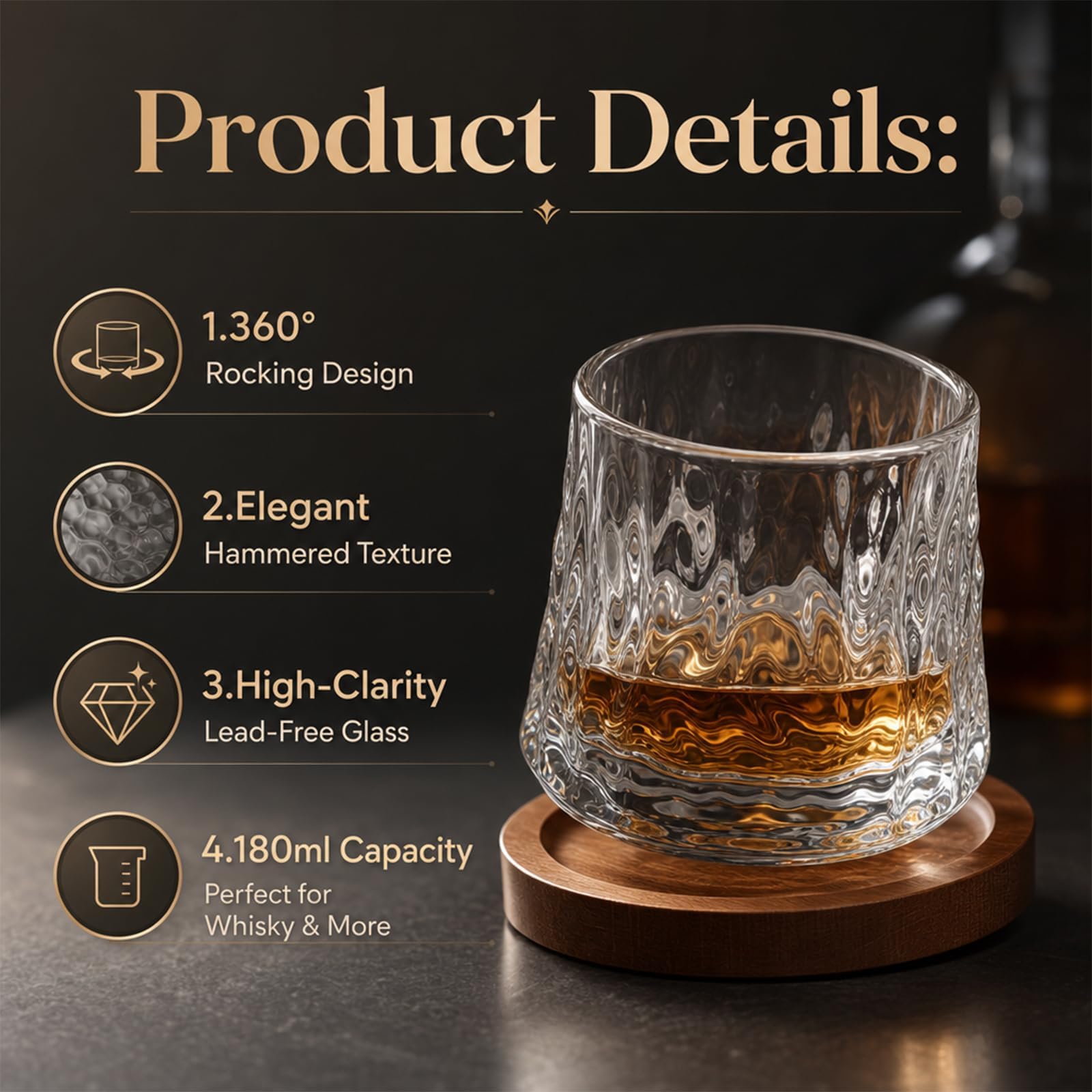 Obrotowe szklanki do whisky 180 ml, zestaw 2 szt. z podstawkami, szkło obrotowe o wysokiej przejrzystości, młotkowany wzór, do whisky, rumu, bourbona, koniaku, prezent dla mężczyzn