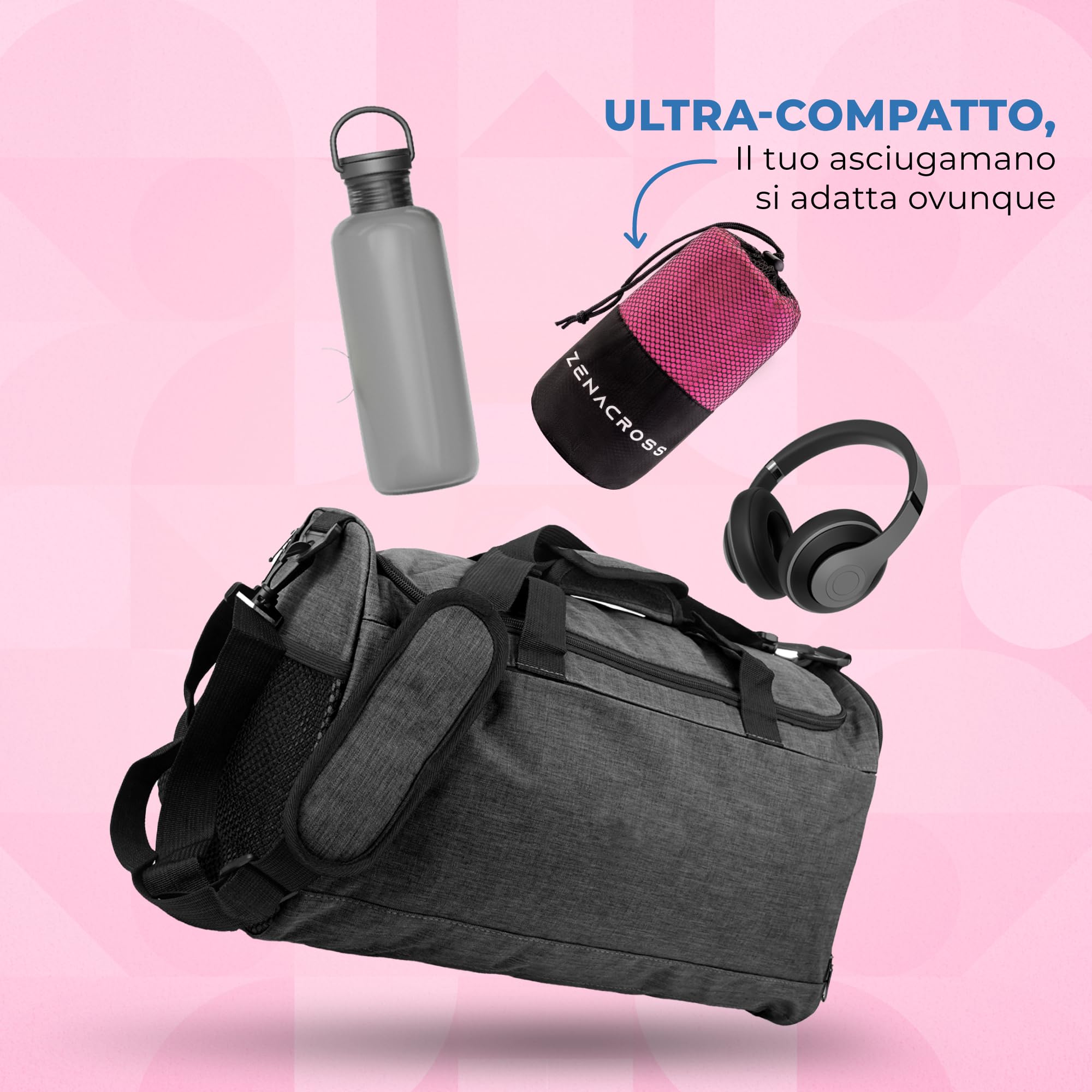 Zenacross Asciugamano Palestra Set di 3 con Borsa per il Trasporto - Asciugamano Microfibra a Rapida Asciugatura e Versatile - Telo Palestra Taglie XS, S, M - Rosa Brillante