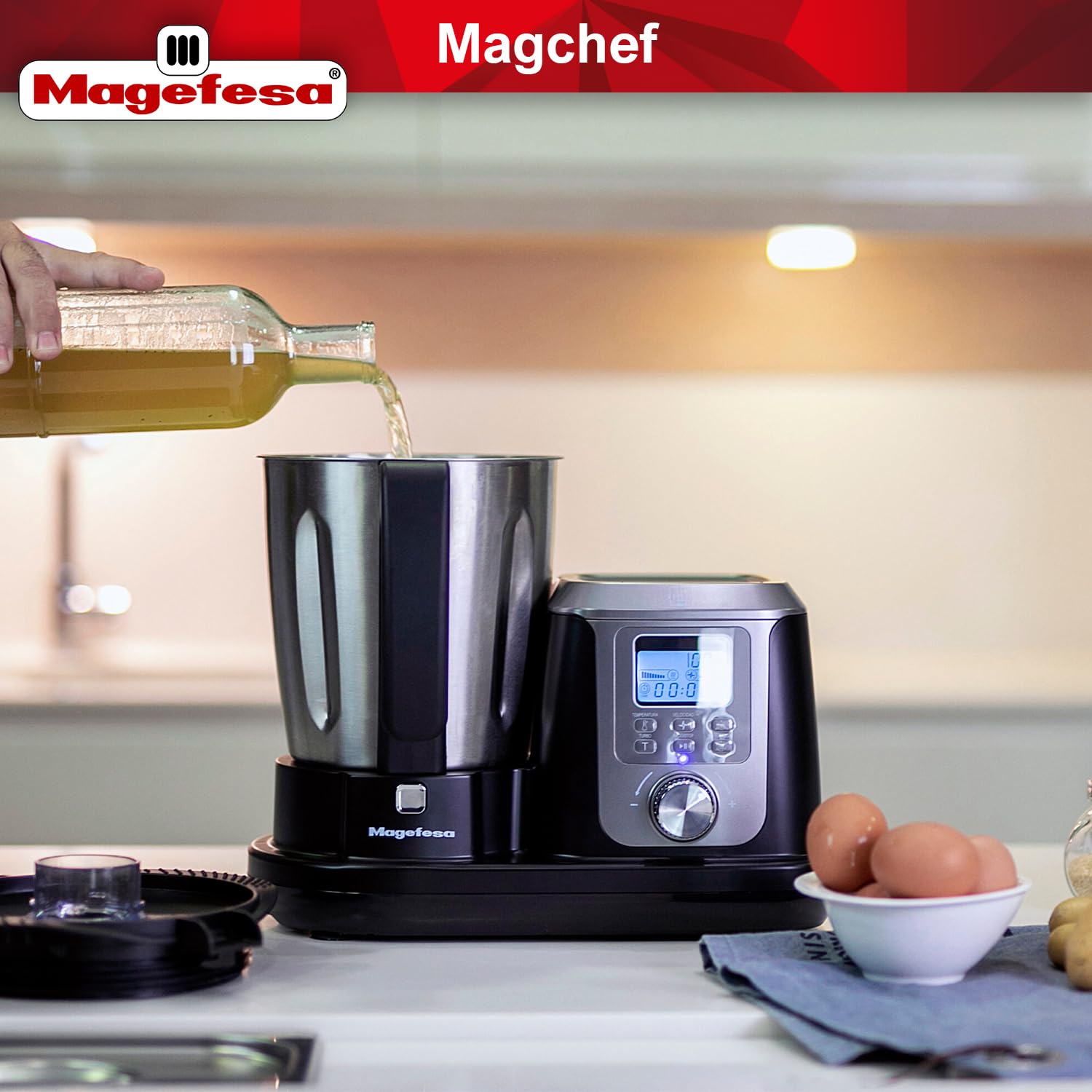 Magefesa Magchef - Robot de Cocina Multifunción Negro, 3.3L, 23 Funciones, Incluye Recetario, Espátula, Batidor, Protector de Cuchillas, Vaso Medidor