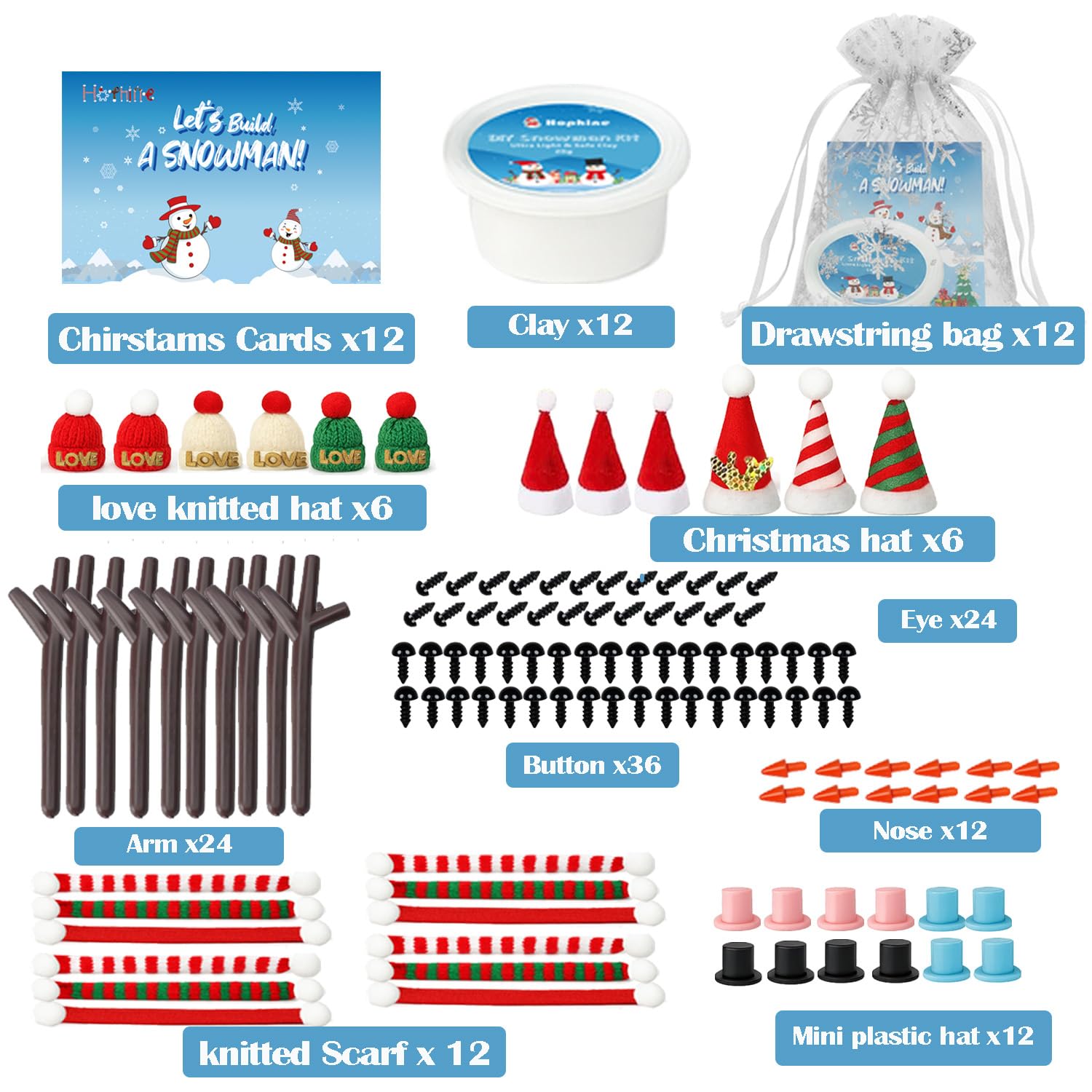 Paquete de 12 kit de muñeco de nieve, kit de muñeco de nieve de arcilla moldeada, manualidades de Navidad para niños, perfecto para fiestas de vacaciones de invierno, rellenos de calcetines de 2