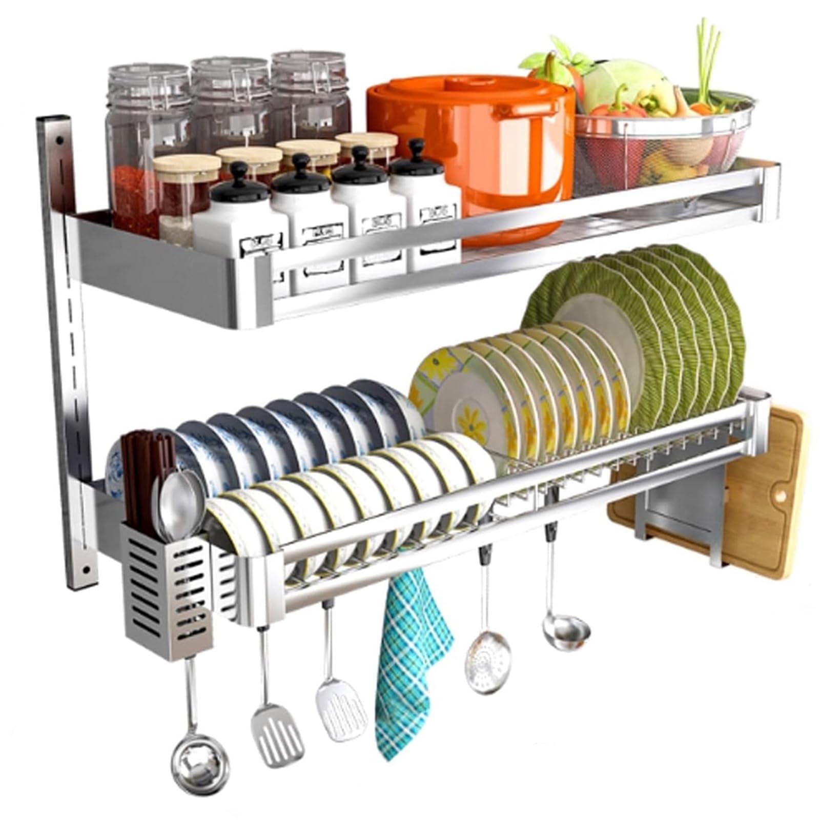 Escurridor De Platos Colgante De Montaje En Pared,con Bandeja De Goteo,estante Para Cubiertos Y Soporte Para Tabla De Cortar,estante De Cocina De Acero Inoxidable De 2 Niveles(Size:23.6x11.8x19.7in)