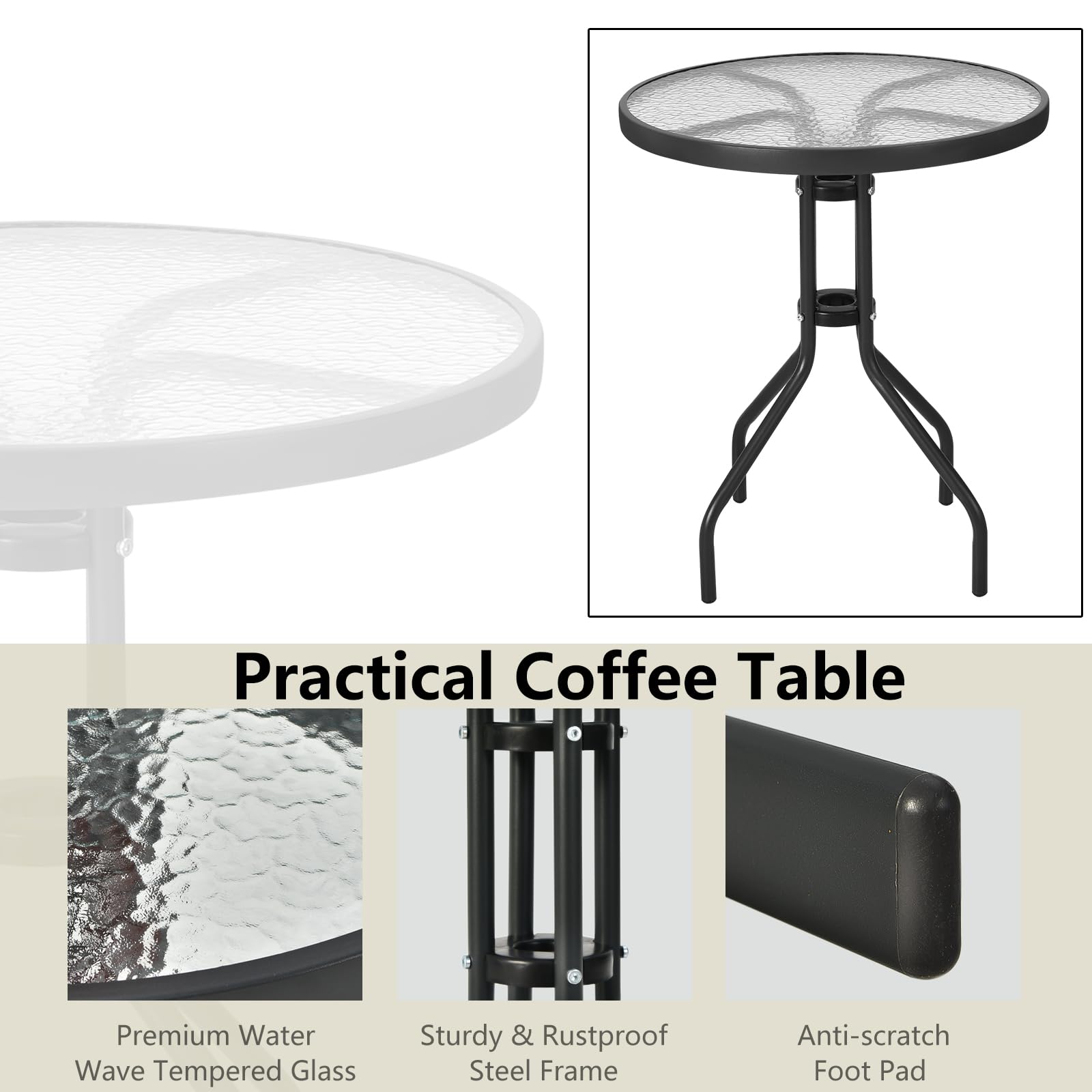 KOMFOTTEU Set da Bistrò in Tessuto Textilene, Set da Giardino in 3 Pezzi, Tavolo Rotondo in Vetro Portato 50 kg, Sedie Portate 150 kg, Set Tavolo e Sedie da Esterno, Patio, Cortile, Veranda (Nero)