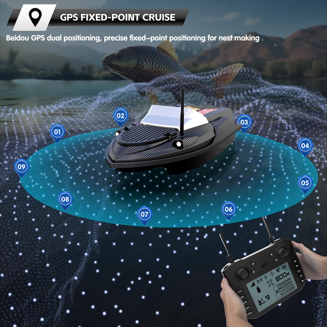 Barco de cebo RC V080 con GPS, 12 V, tolvas simples/dobles conmutables, alcance de 800 m, 9 zonas de pesca y 180 puntos de referencia, ideal para pesca en ríos, lagos y mares, ideal para pescadores