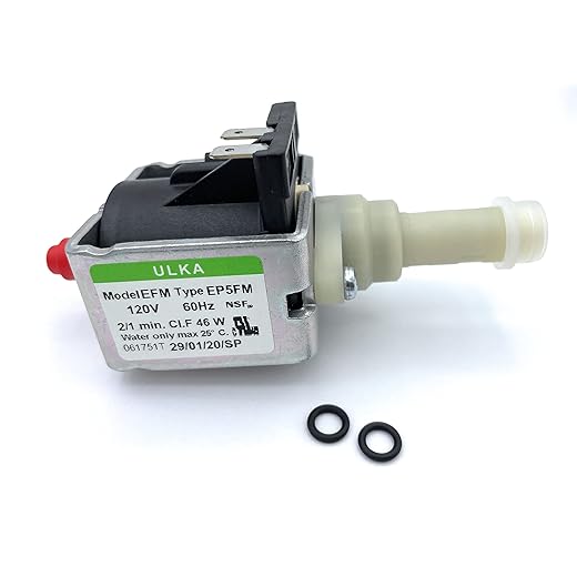MacMaxe ULKA Model E Type EP5FM - Replacement Pump Compatible with Breville Espresso Machine - Solenoid Vibratory Water Pump with 2 O-Ring Seals - 15 Bar Max Pressure, 2/1 Min. On/Off, 120V, 60Hz, 46W
