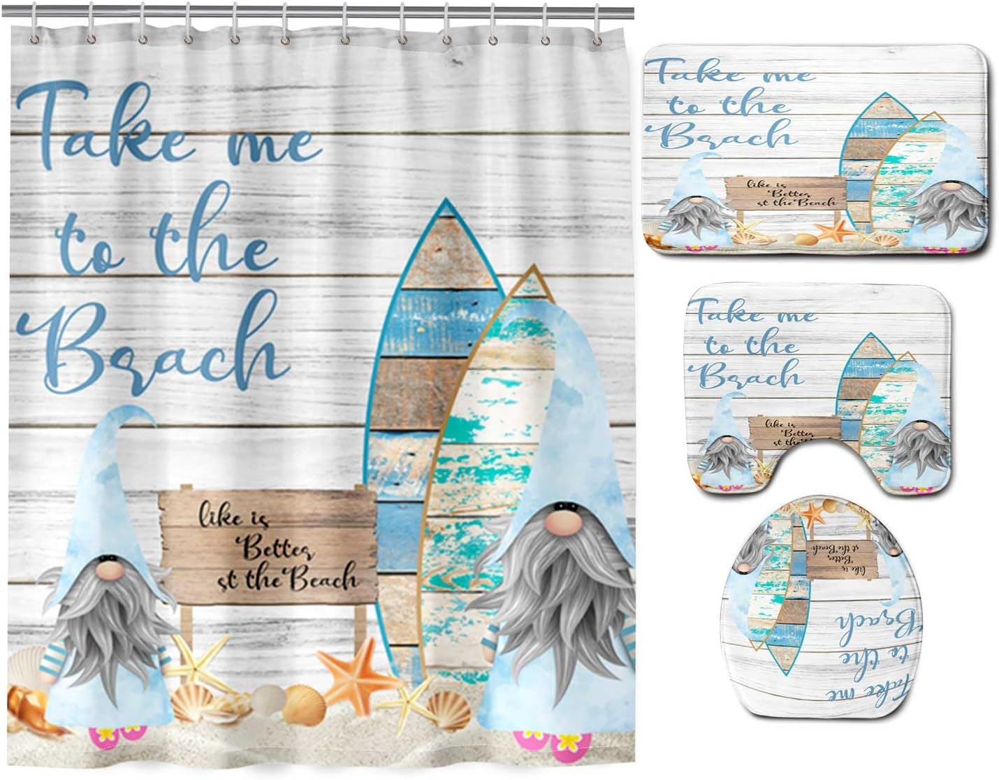 4 Pcs Summer Gnomes Shower Curtain Sets with Rugs Funny Gnomes Taking Surfboard on Beach Wooded Bathroom Set Home Bath Bathtub Decor Durable Curtains Mats for Bathroom Decor 72 x 72 Inch