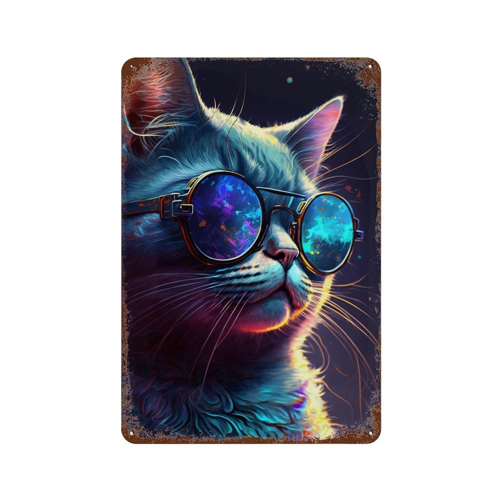 Glowing Neon Cat Sunglasses Art Print Weathered Tin Sign 11.8"x7.9", Farmhouse Wall Decor for Garage, Pub Or Kitchen