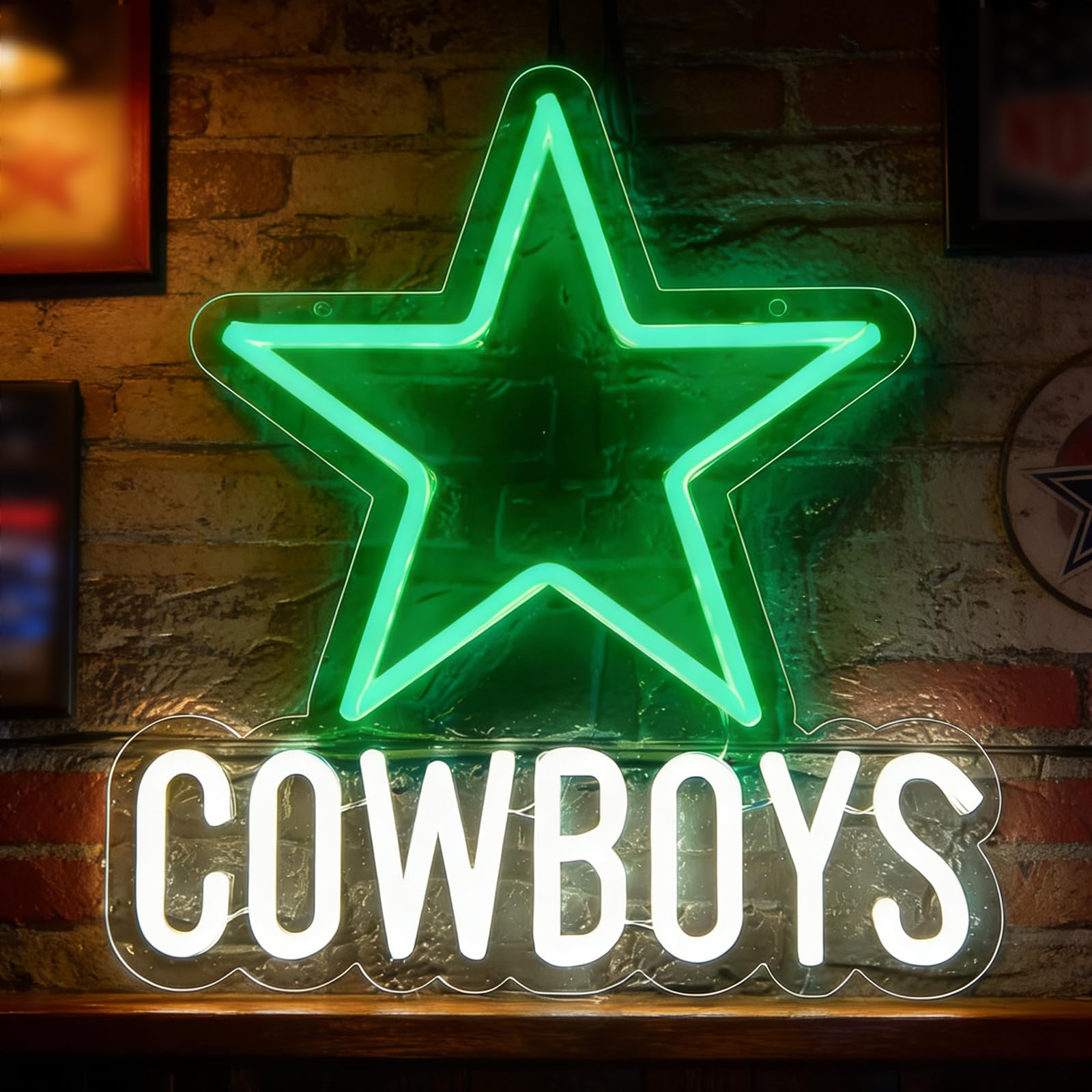 Cowboys LED Neon Sign Green Star White Letter Dimmable Acrylic Neon Light for Wall Decor USB Powered Light Up Sign with Hanging Chain for Hamburger Shop Sports Bar Birthday Party Decor