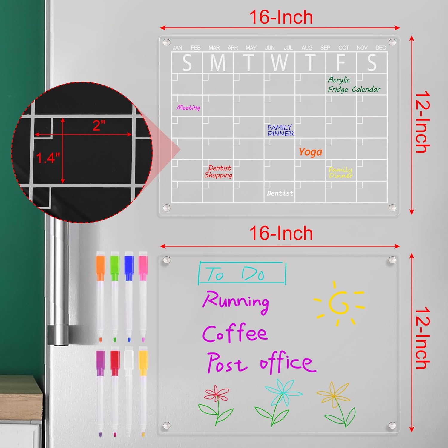 PATIKIL 2 Set Monthly and Blank Calendar for Fridge with 8 Markers 8 Colors, 15.7 x 11.8" Clear Acrylic Magnetic Whiteboard for Refrigerator, Dry Erase Planner Board for Menu Memo Kitchen