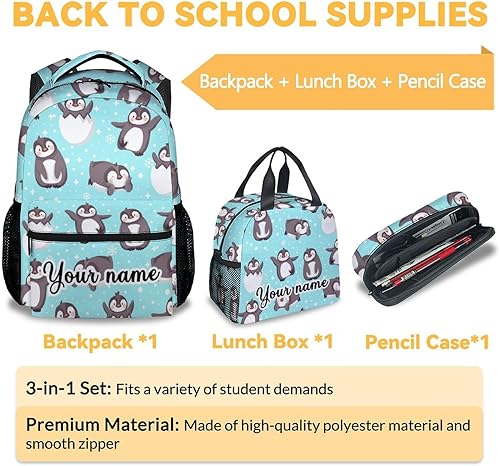 Miniatura 3 de Mochila personalizada de pingüinos con lonchera y estuche para lápices, mochila escolar de 16 pulgadas con correas ajustables, duradera, ligera, de